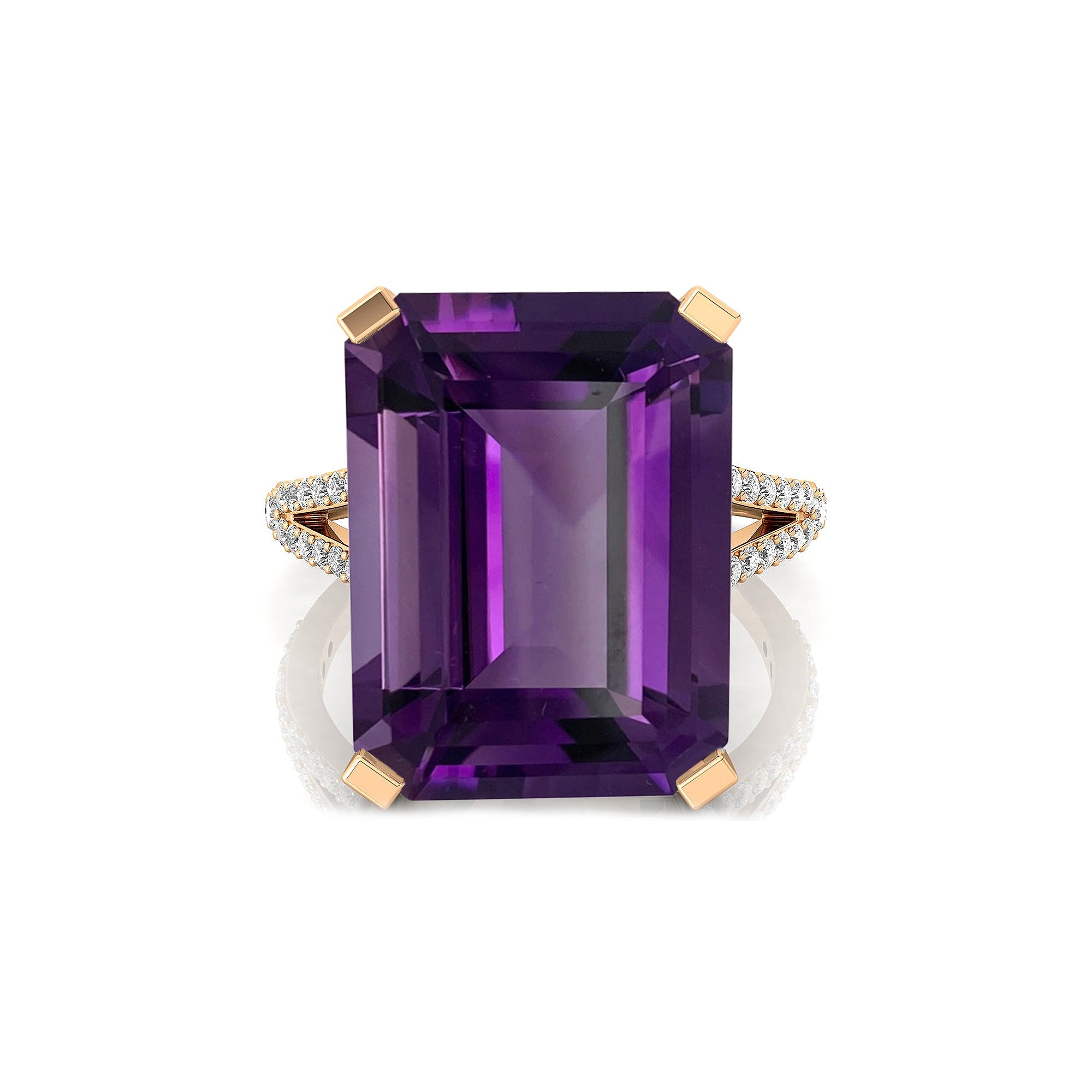Emerald Cut Amethyst Split Shank Engagement Ring with Diamonds - GeumJewels