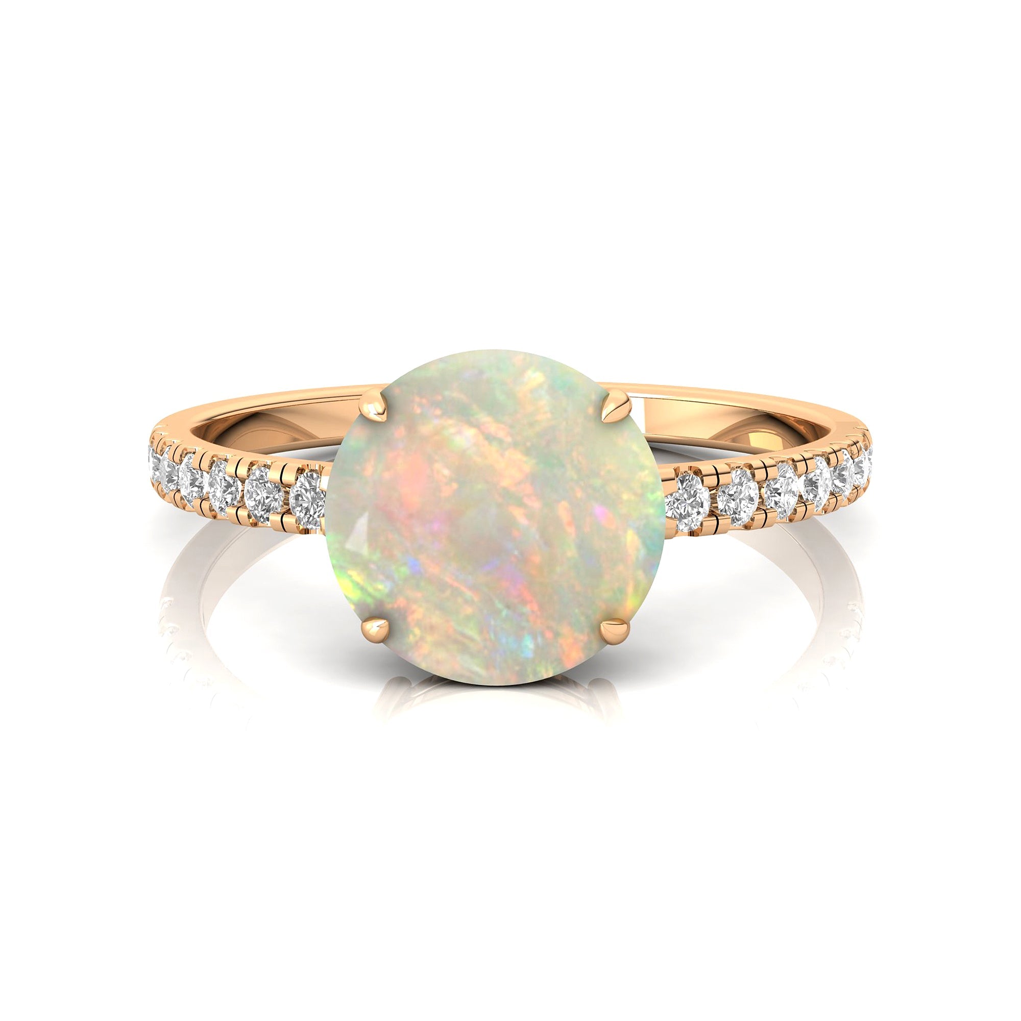 Classic Six Prong Round Solitaire Opal Ring with Accent Diamond Band - GeumJewels