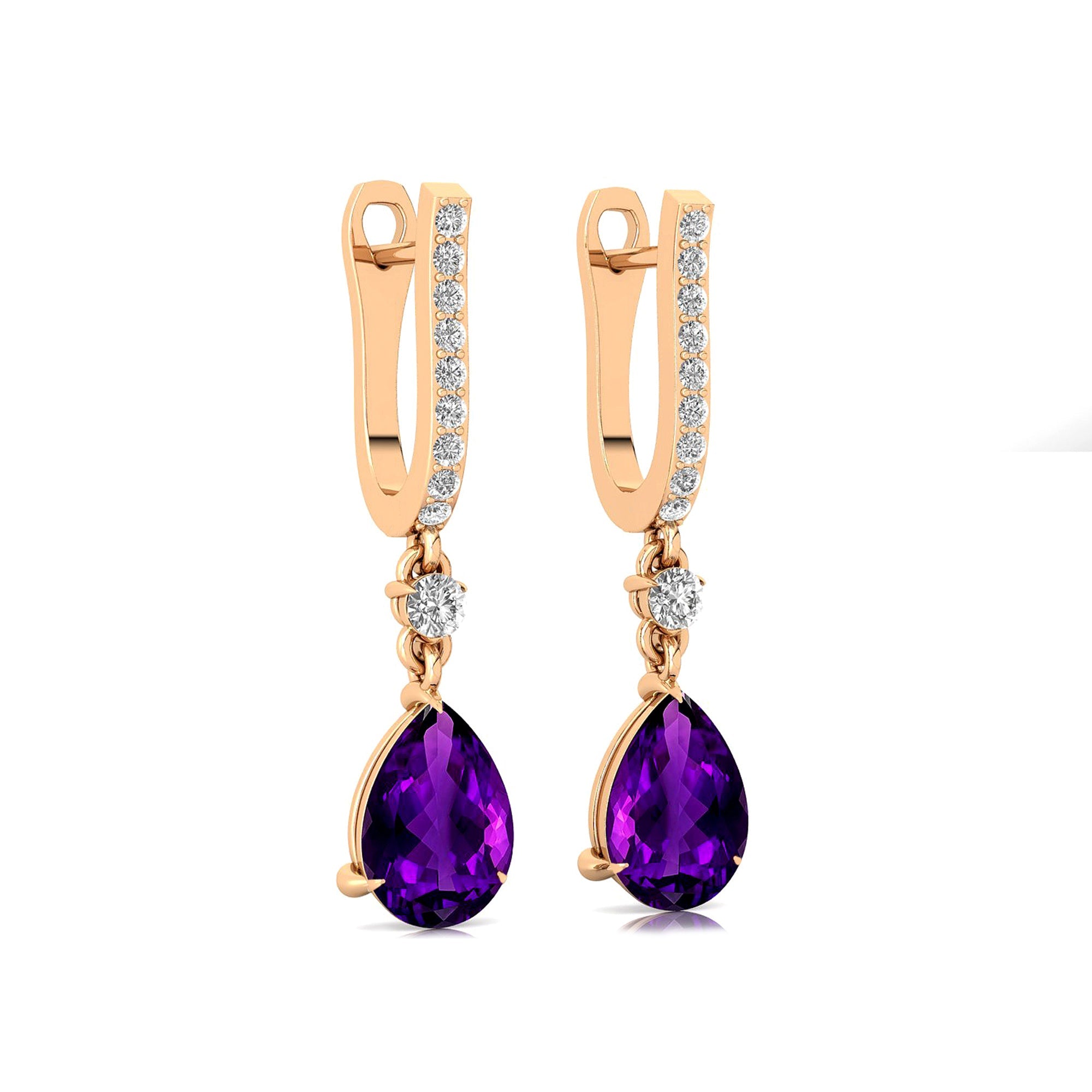 Lever Back Diamond Drop Earrings with Pear Cut Amethsyt - GeumJewels