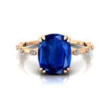 Cushion Cut Blue Sapphire Engagement Ring with Distant Diamond Band - GeumJewels