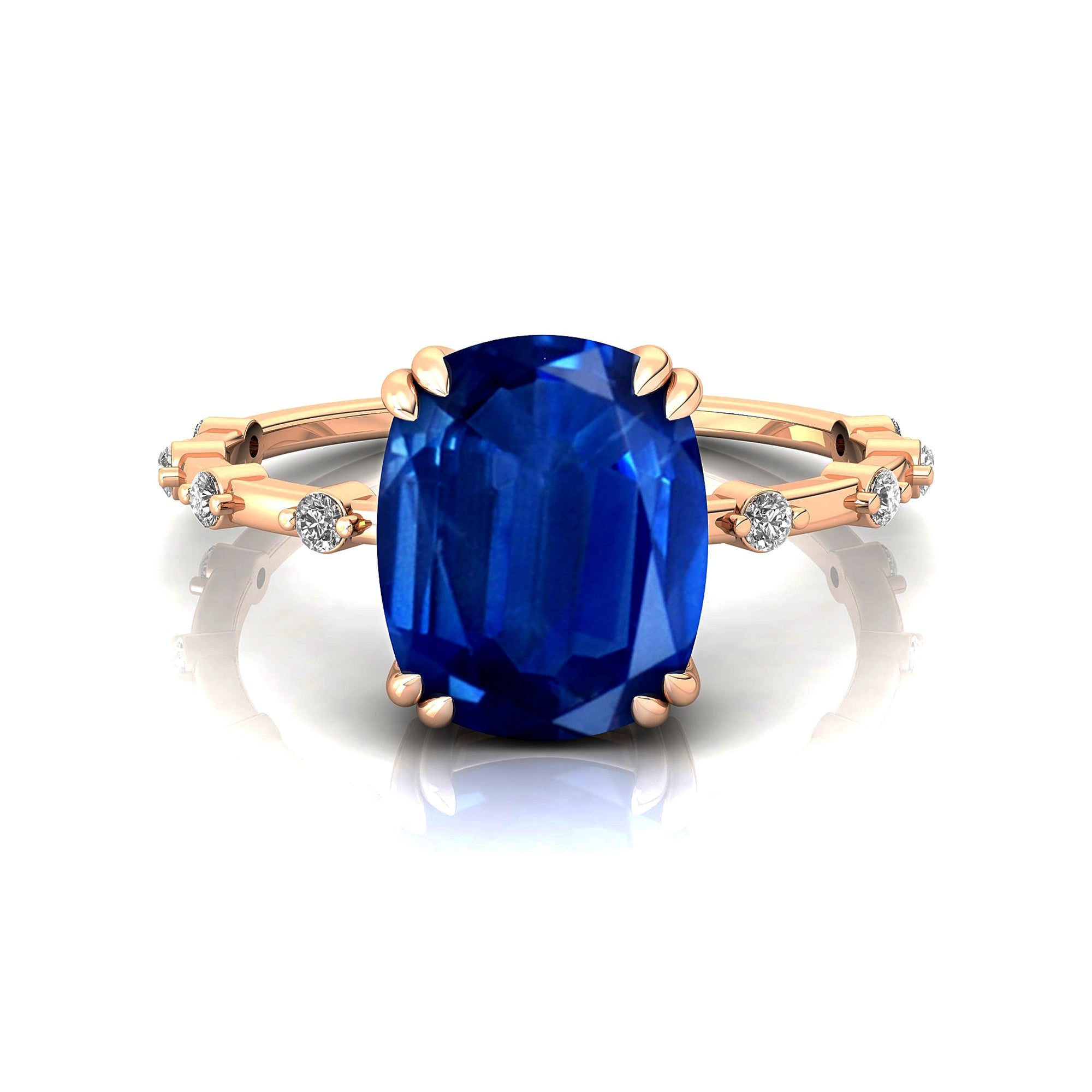 Cushion Cut Blue Sapphire Engagement Ring with Distant Diamond Band - GeumJewels