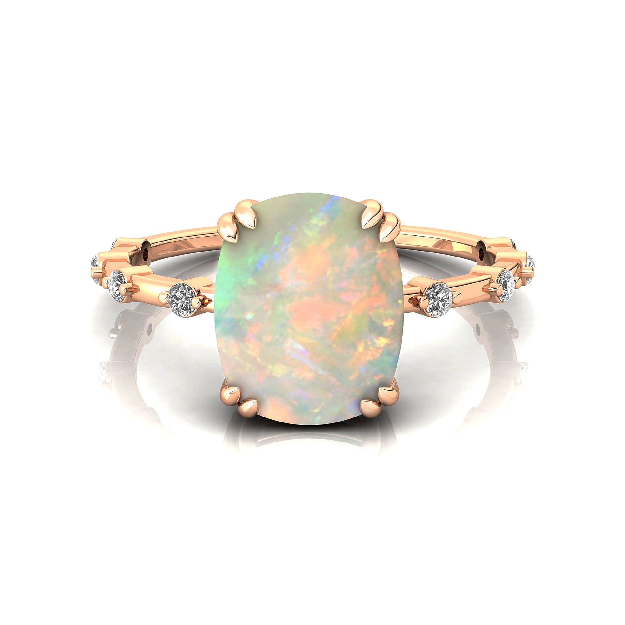 Cushion Cut Opal Engagement Ring with Distant Diamond Band - GeumJewels