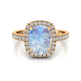 Elongated Cushion Halo Set Moonstone Engagement Ring with Diamond Band - GeumJewels