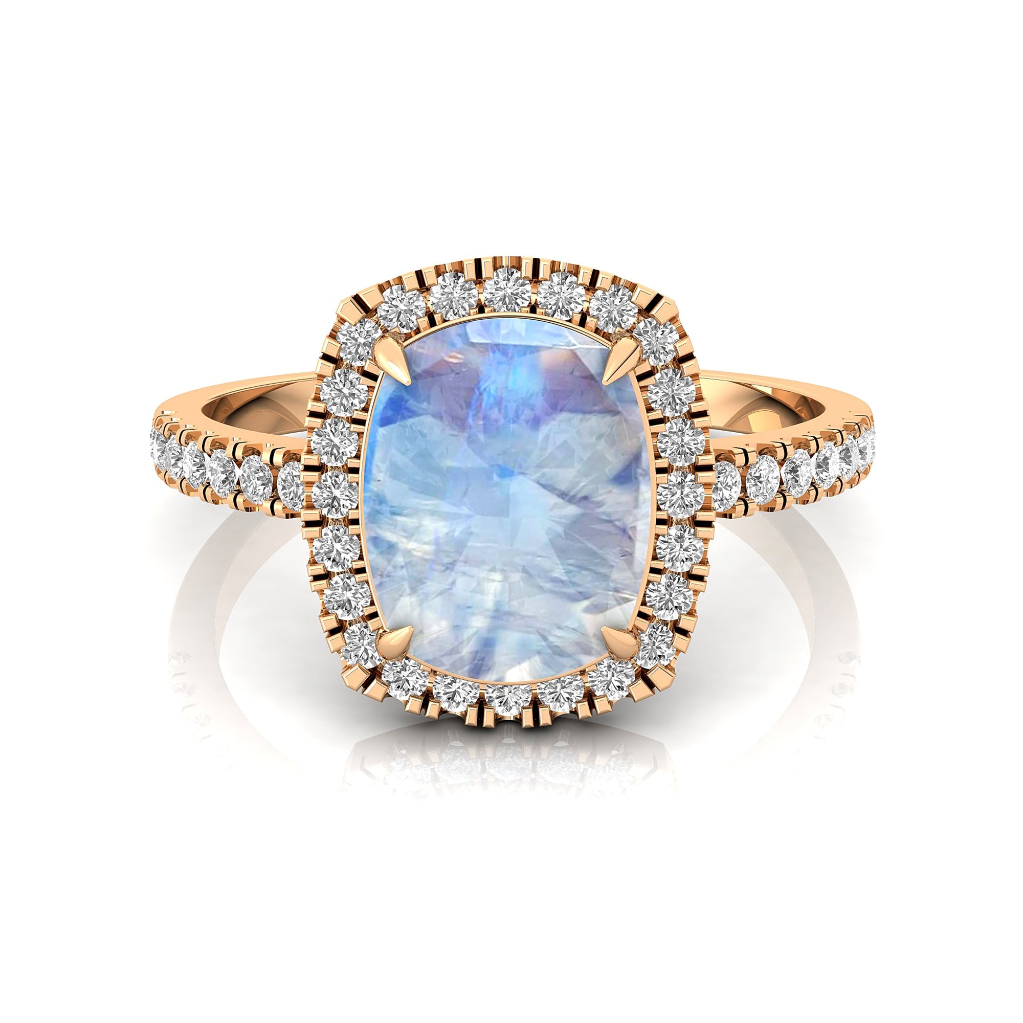 Elongated Cushion Halo Set Moonstone Engagement Ring with Diamond Band - GeumJewels