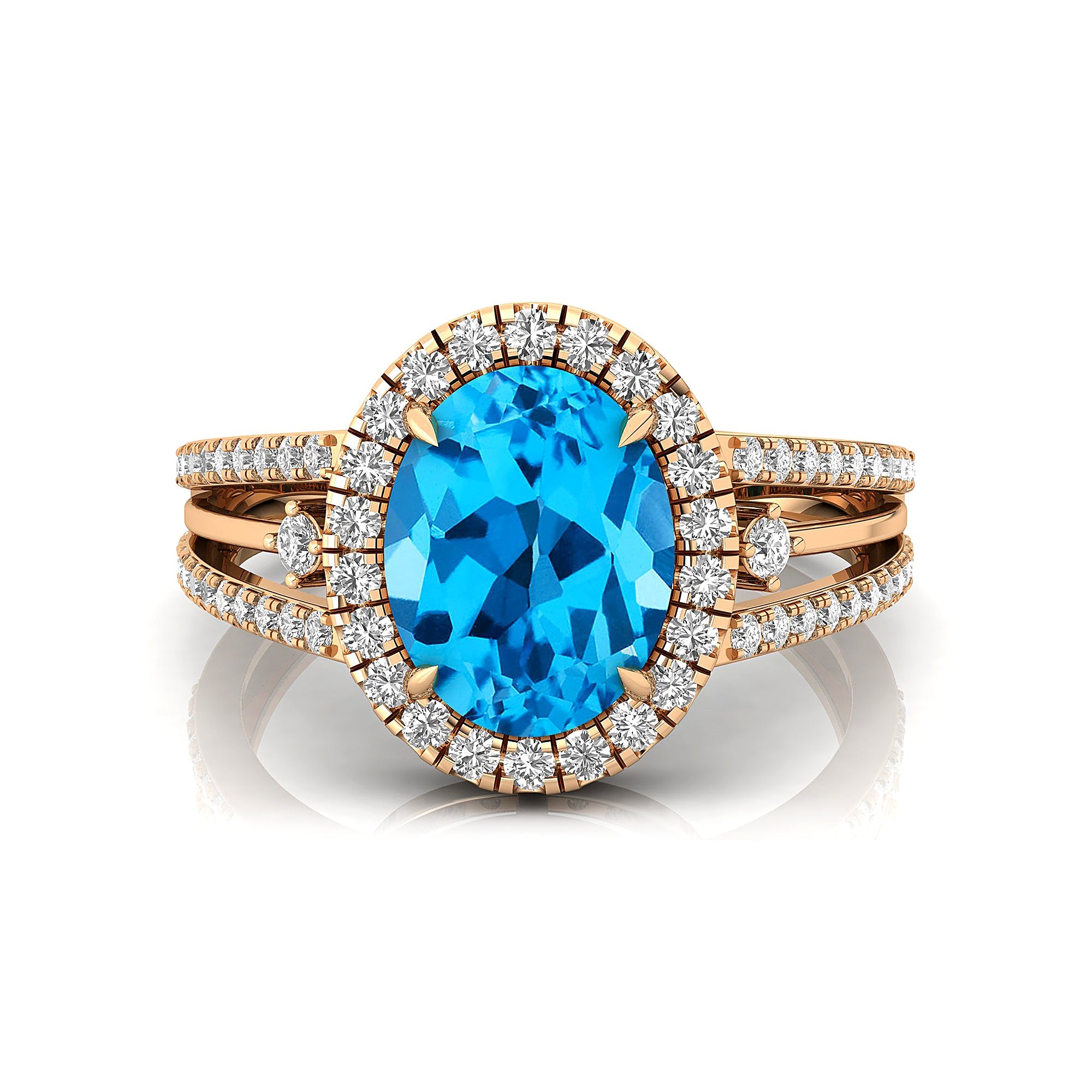 Solitaire Oval Swiss Blue Topaz Split Shank Diamond Engagement Ring - GeumJewels