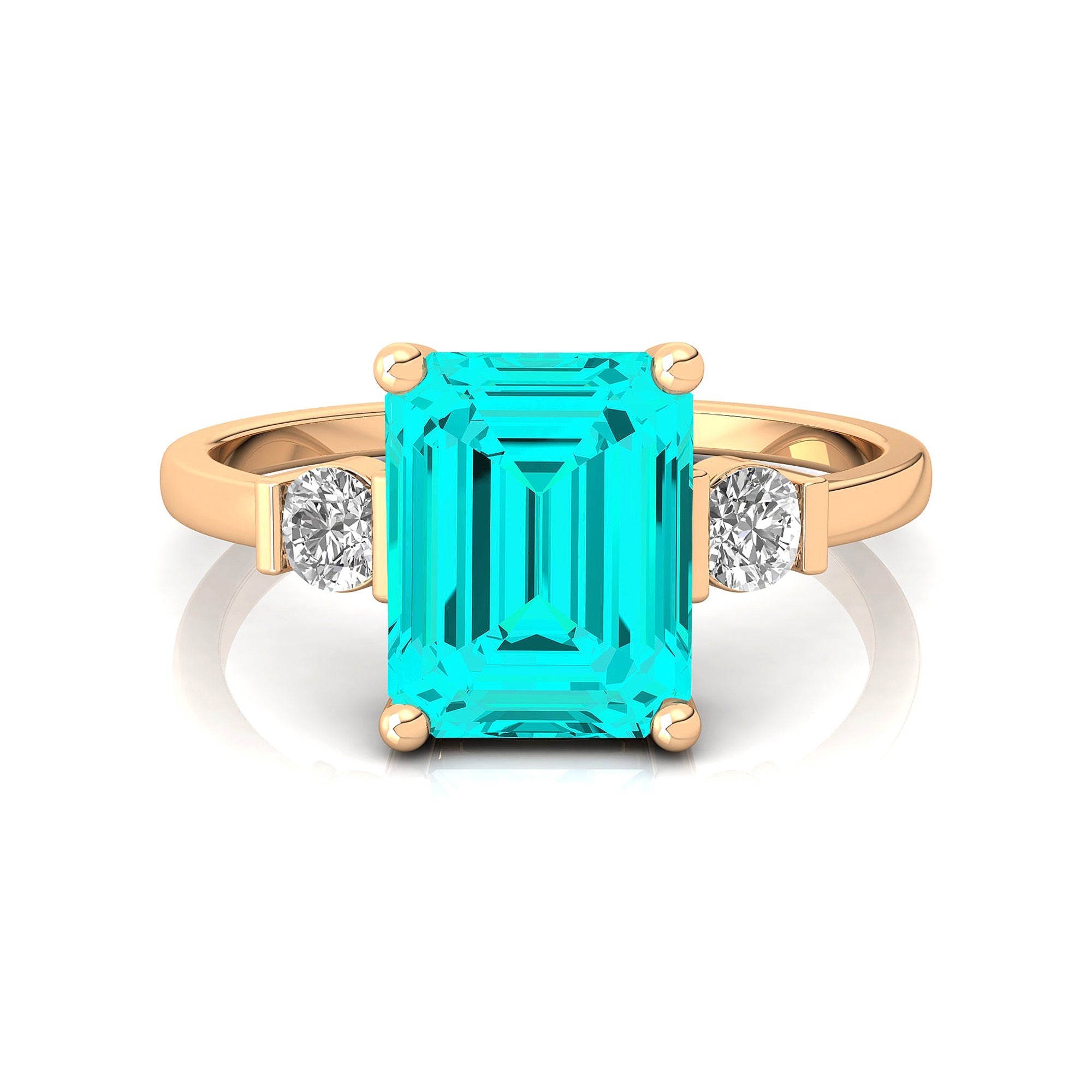 Emerald Cut Paraiba Tourmaline and Diamond Three Stone Ring - GeumJewels