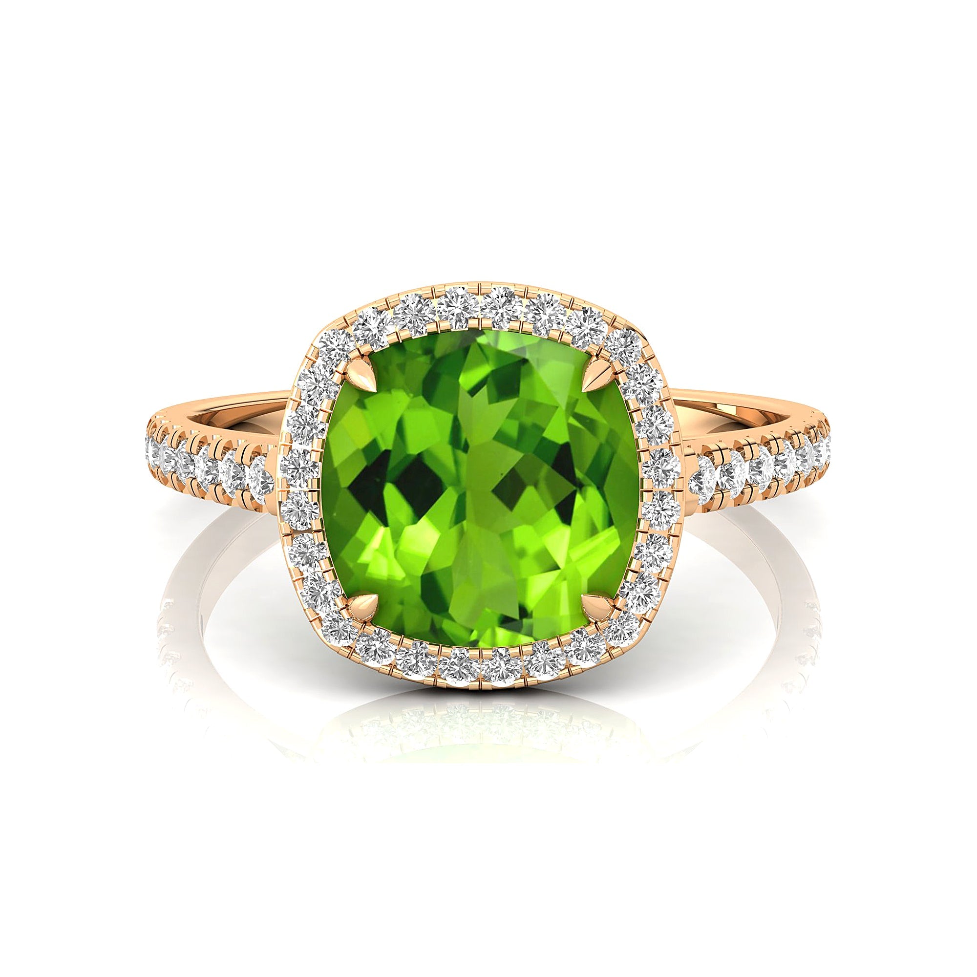 Halo Diamond Engagement Ring with Cushion Cut Peridot - GeumJewels