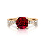 Garnet Square Cushion Under Halo Diamonds Thin Ring with Diamond Band - GeumJewels