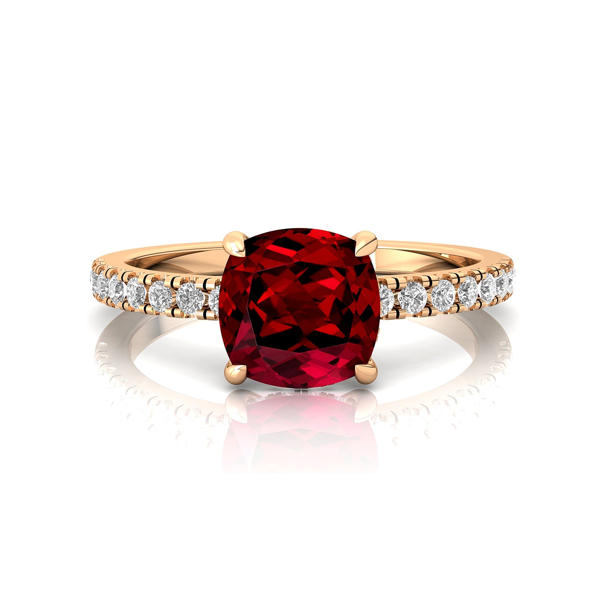 Garnet Square Cushion Under Halo Diamonds Thin Ring with Diamond Band - GeumJewels