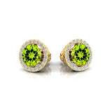 Round Solitaire Peridot Halo Diamond Stud Earrings - GeumJewels