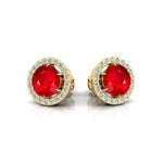 Round Solitaire Ruby Halo Diamond Stud Earrings - GeumJewels