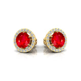Round Solitaire Ruby Halo Diamond Stud Earrings - GeumJewels