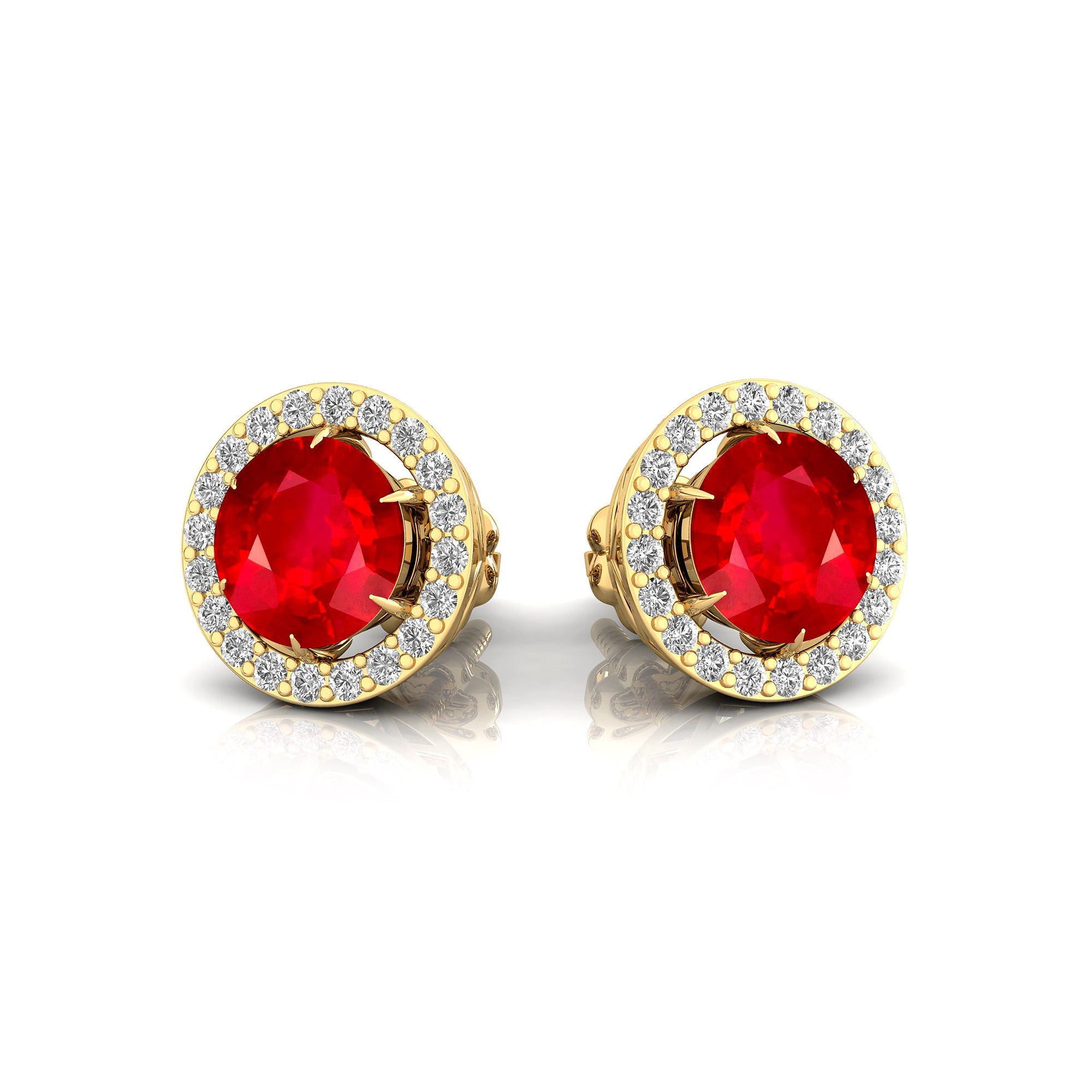 Round Solitaire Ruby Halo Diamond Stud Earrings - GeumJewels