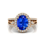 Solitaire Oval Blue Sapphire Split Shank Diamond Engagement Ring - GeumJewels