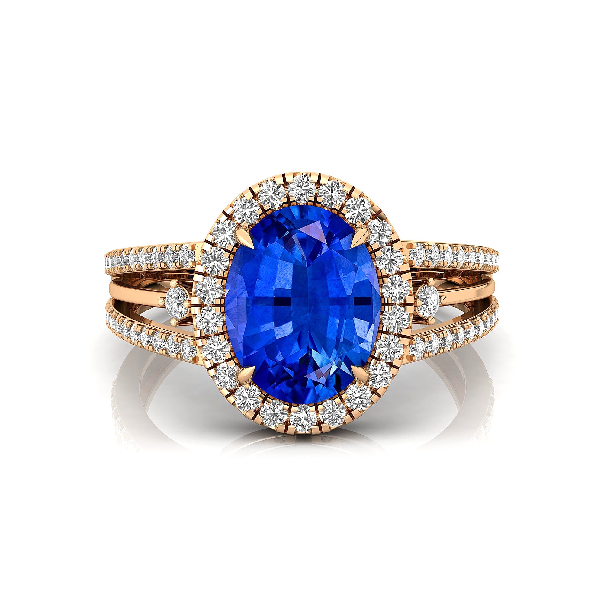Solitaire Oval Blue Sapphire Split Shank Diamond Engagement Ring - GeumJewels