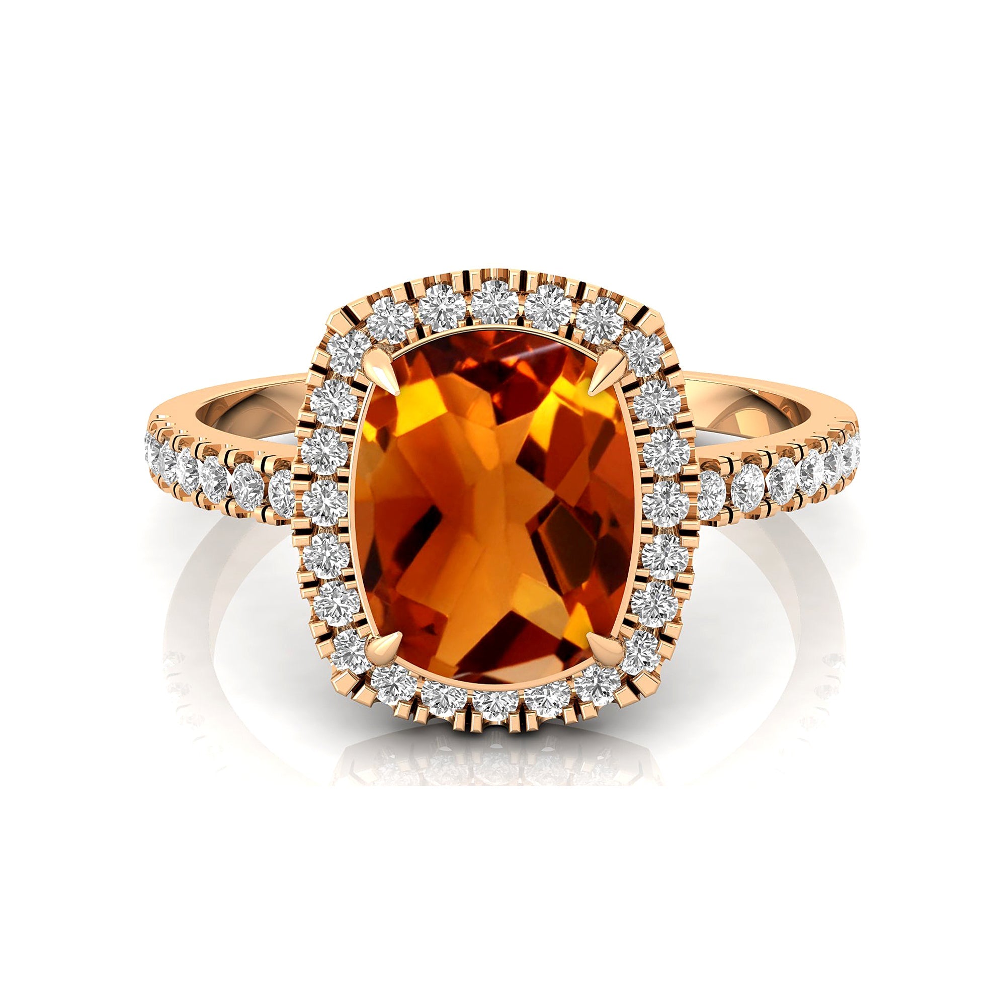Elongated Cushion Halo Set Citrine Engagement Ring with Diamond Band - GeumJewels