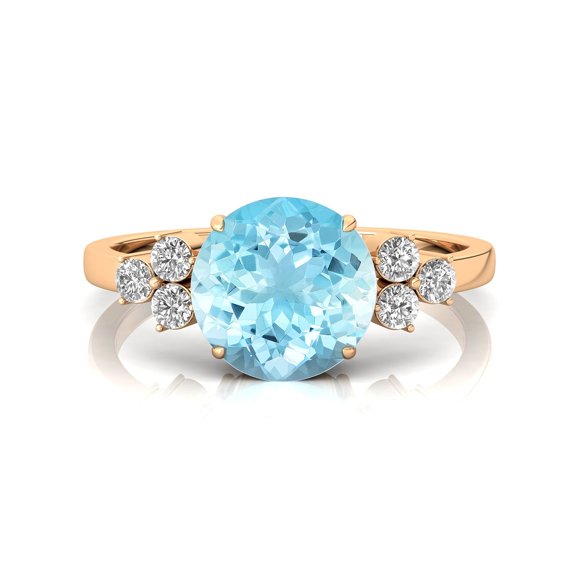 Trio Diamond Engagement Ring with Round Solitaire Aquamarine - GeumJewels