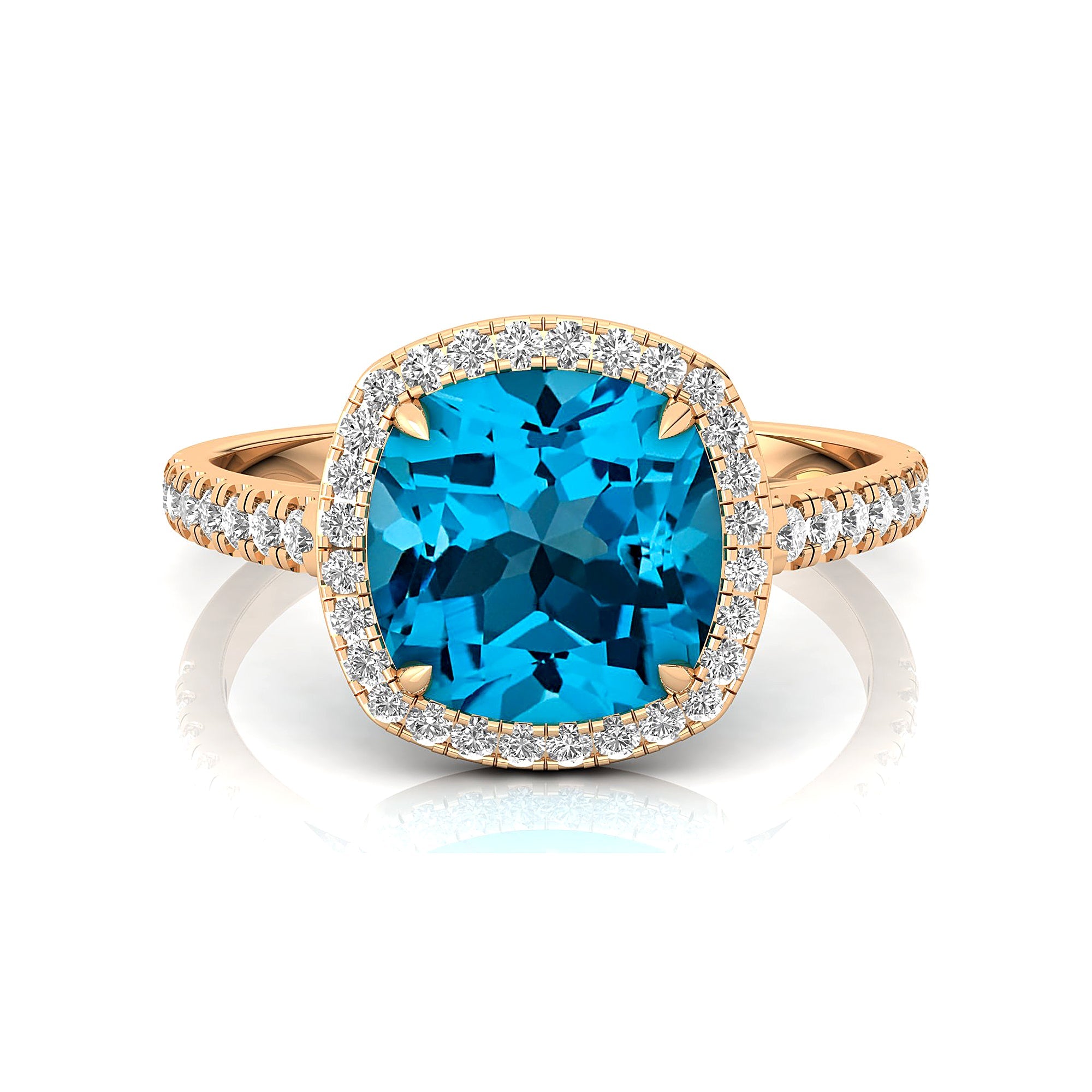 Halo Diamond Engagement Ring with Cushion Cut Swiss Blue Topaz - GeumJewels