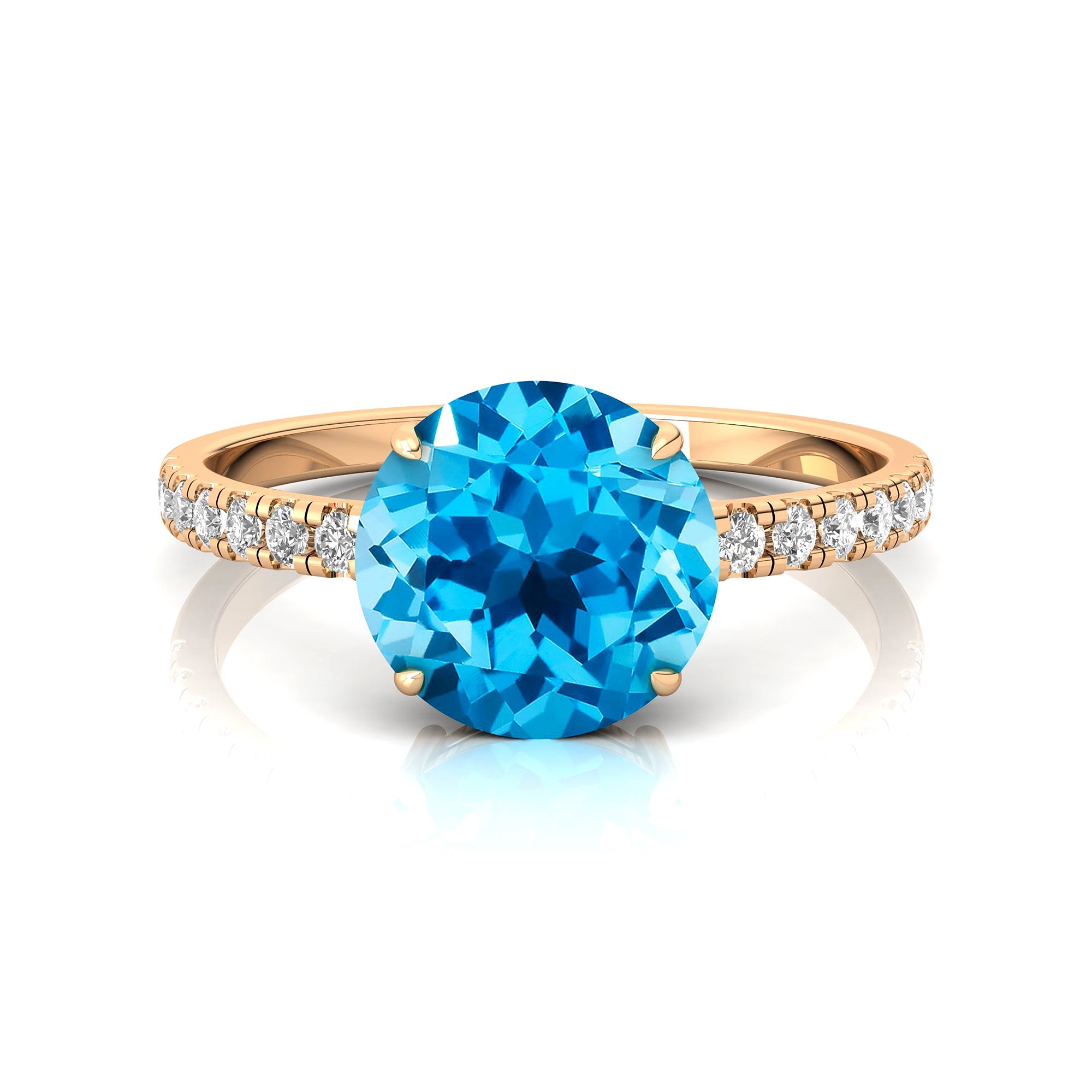 Classic Six Prong Round Solitaire Swiss Blue Topaz Ring with Accent Diamond Band - GeumJewels