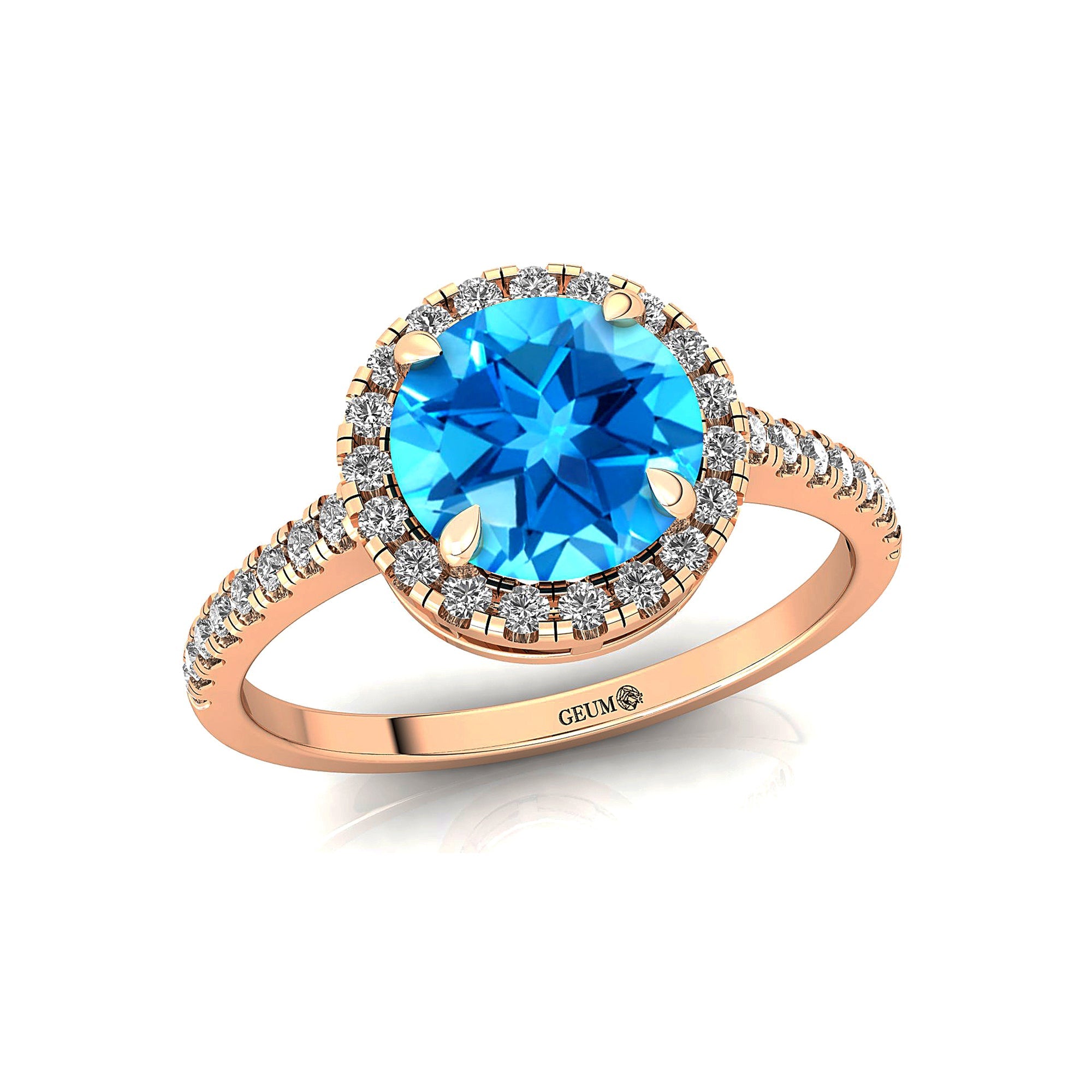 Classic Round Halo Diamonds with Solitaire Swiss Blue Topaz Engagement Ring - GeumJewels