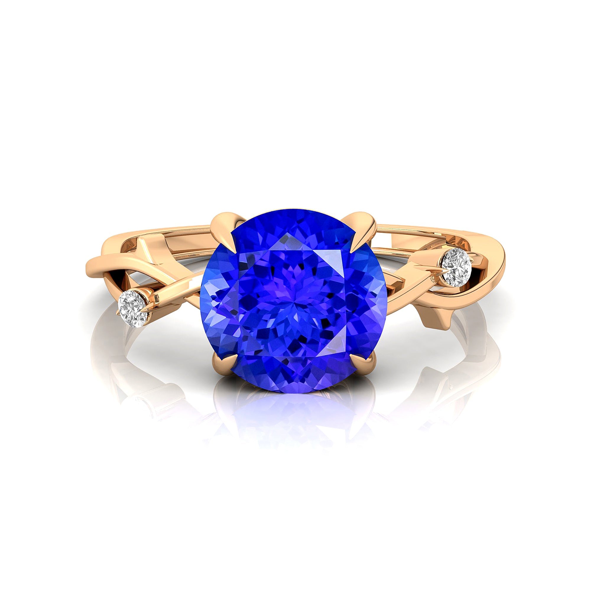 Criss Cross Nature Inspired Diamond Ring  with Round Tanzanite - GeumJewels