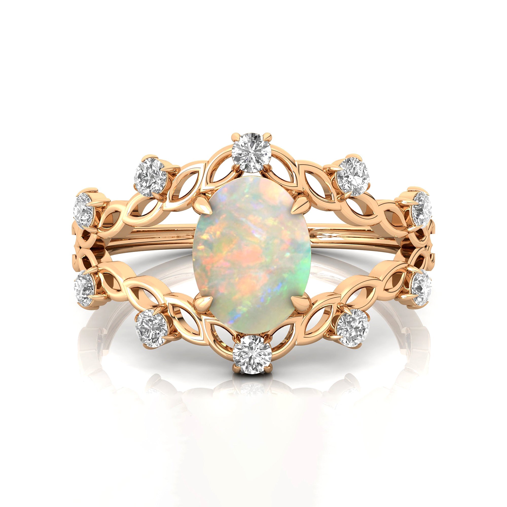 Flower Inspired Ring with Oval Shaped Opal and Accent Diamonds - GeumJewels