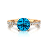 Swiss Blue Topaz Square Cushion Under Halo Diamonds Thin Ring with Diamond Band - GeumJewels