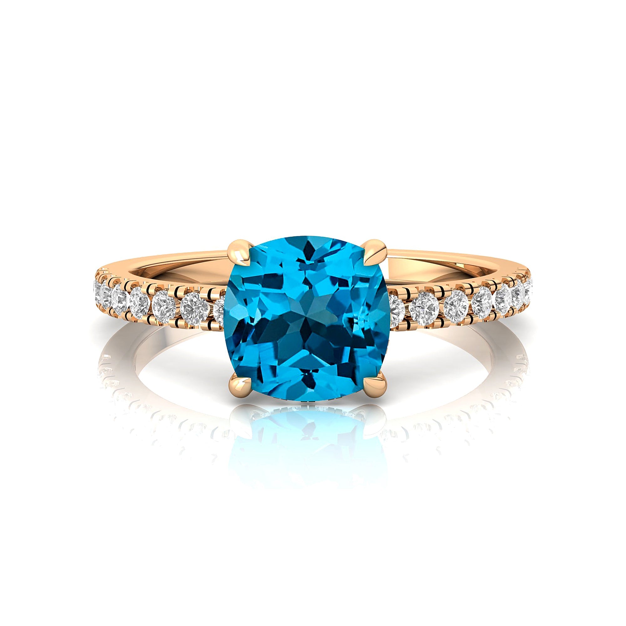 Swiss Blue Topaz Square Cushion Under Halo Diamonds Thin Ring with Diamond Band - GeumJewels