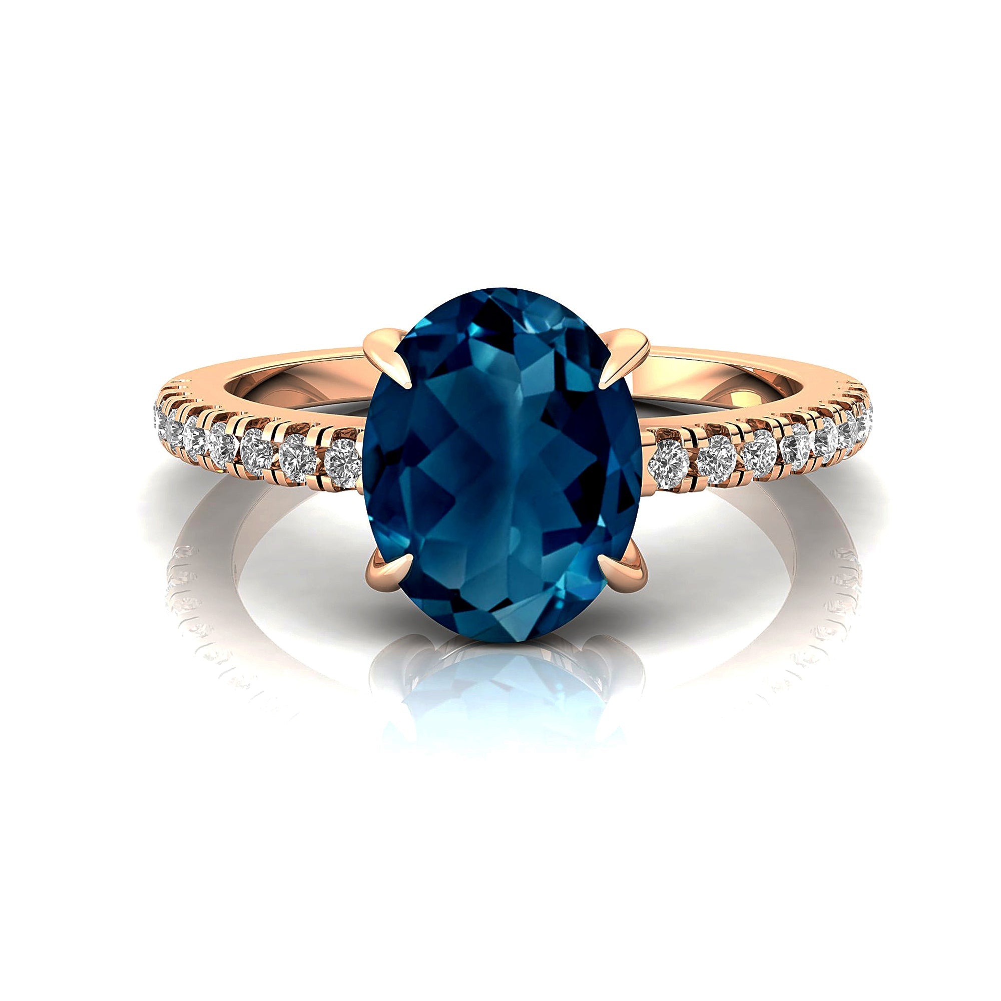 Oval Solitaire London Blue Topaz with Accent Diamonds Engagement Ring - GeumJewels