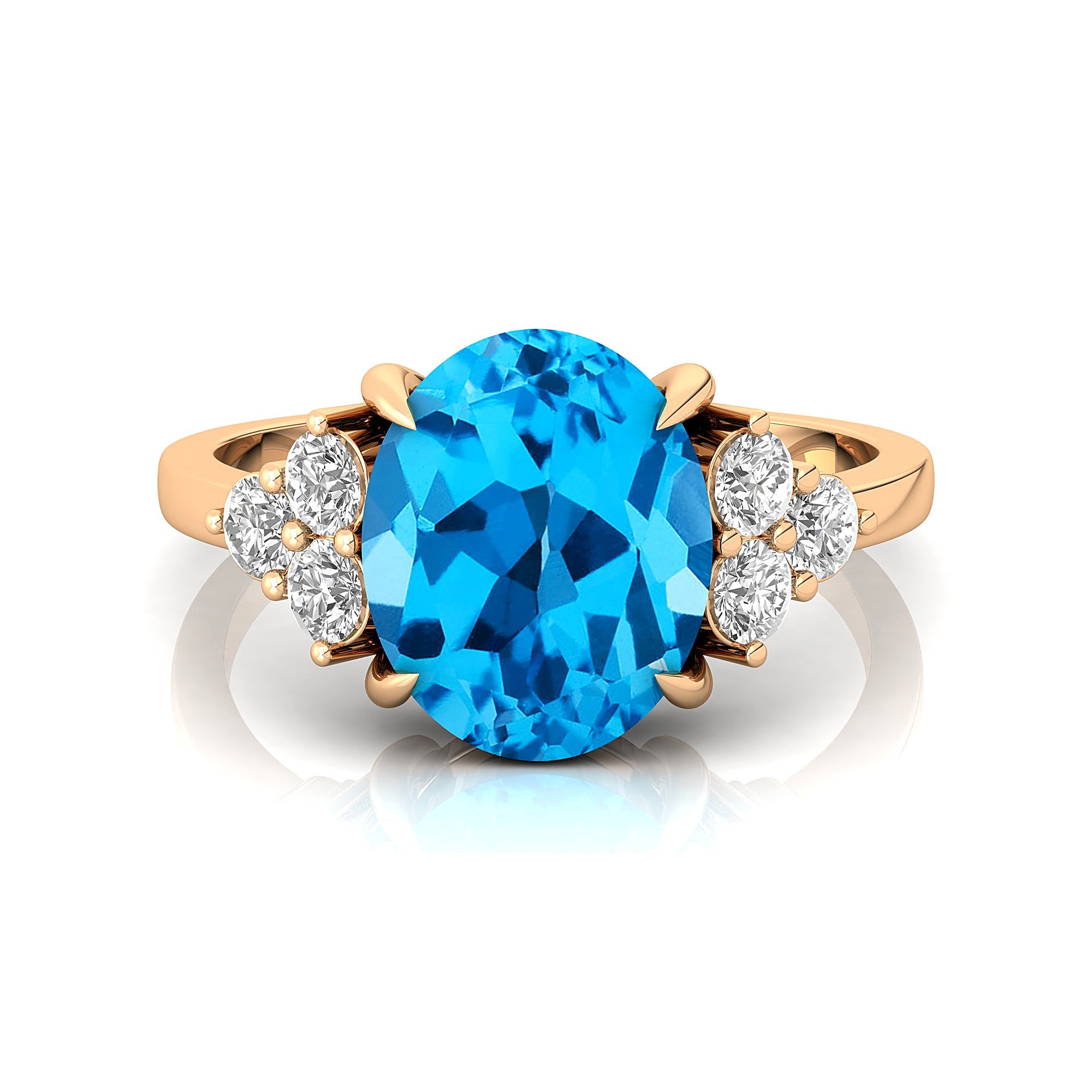 Trio Diamond Engagement Ring with Oval Cut Swiss Blue Topaz - GeumJewels
