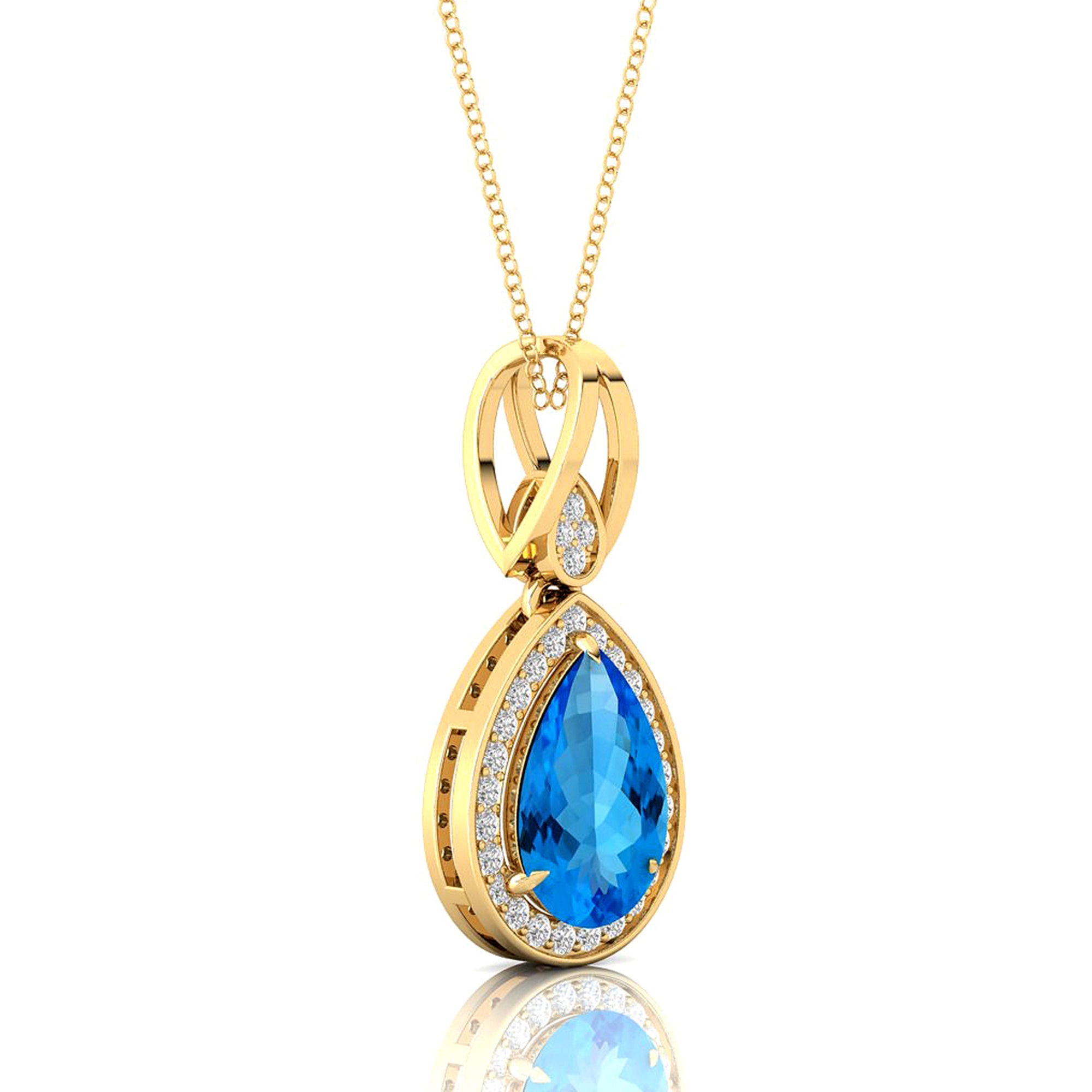 Classic Teardrop Shaped Swiss Blue Topaz Halo Diamond Dangle Pendant - GeumJewels