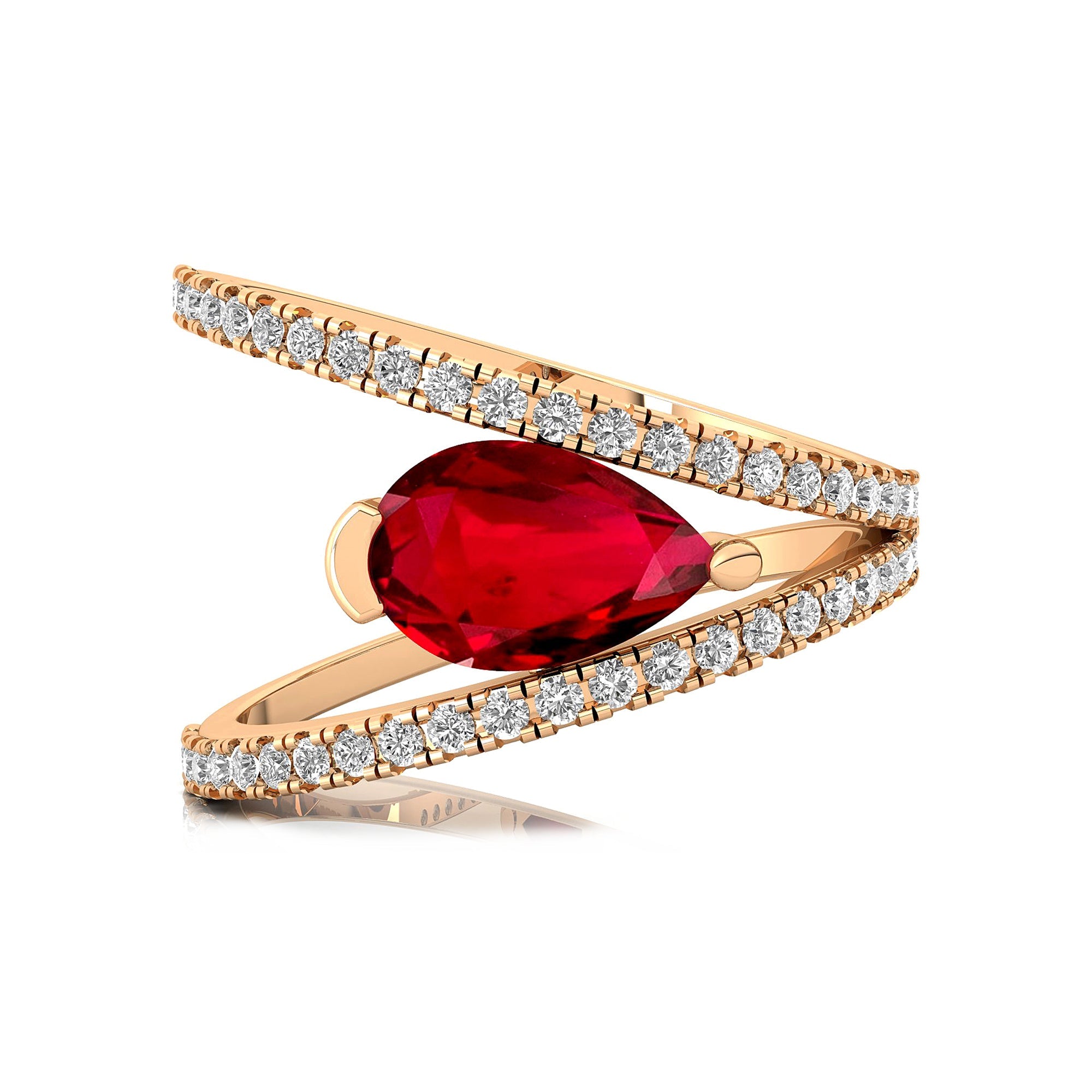 Fashionable V Shaped Diamond Ring with Pear Cut Ruby - GeumJewels