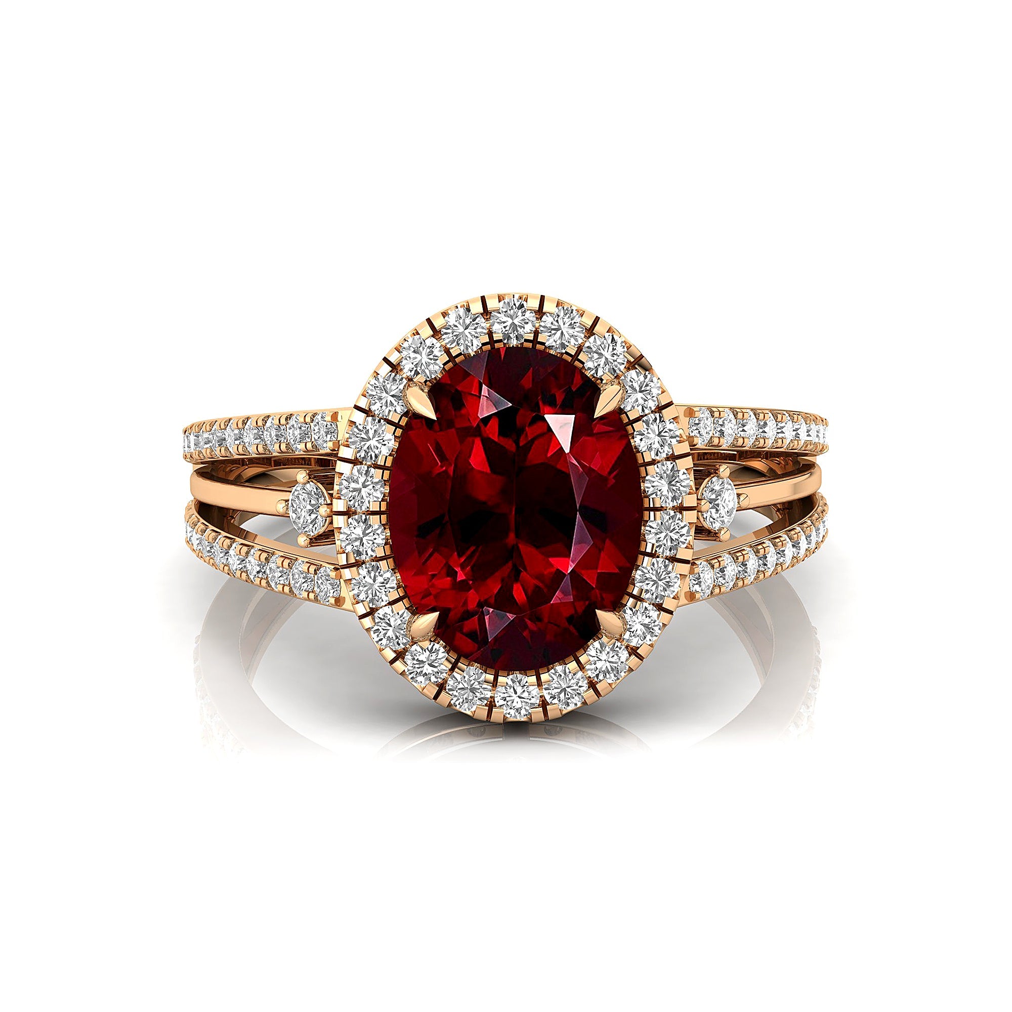 Solitaire Oval Garnet Split Shank Diamond Engagement Ring - GeumJewels