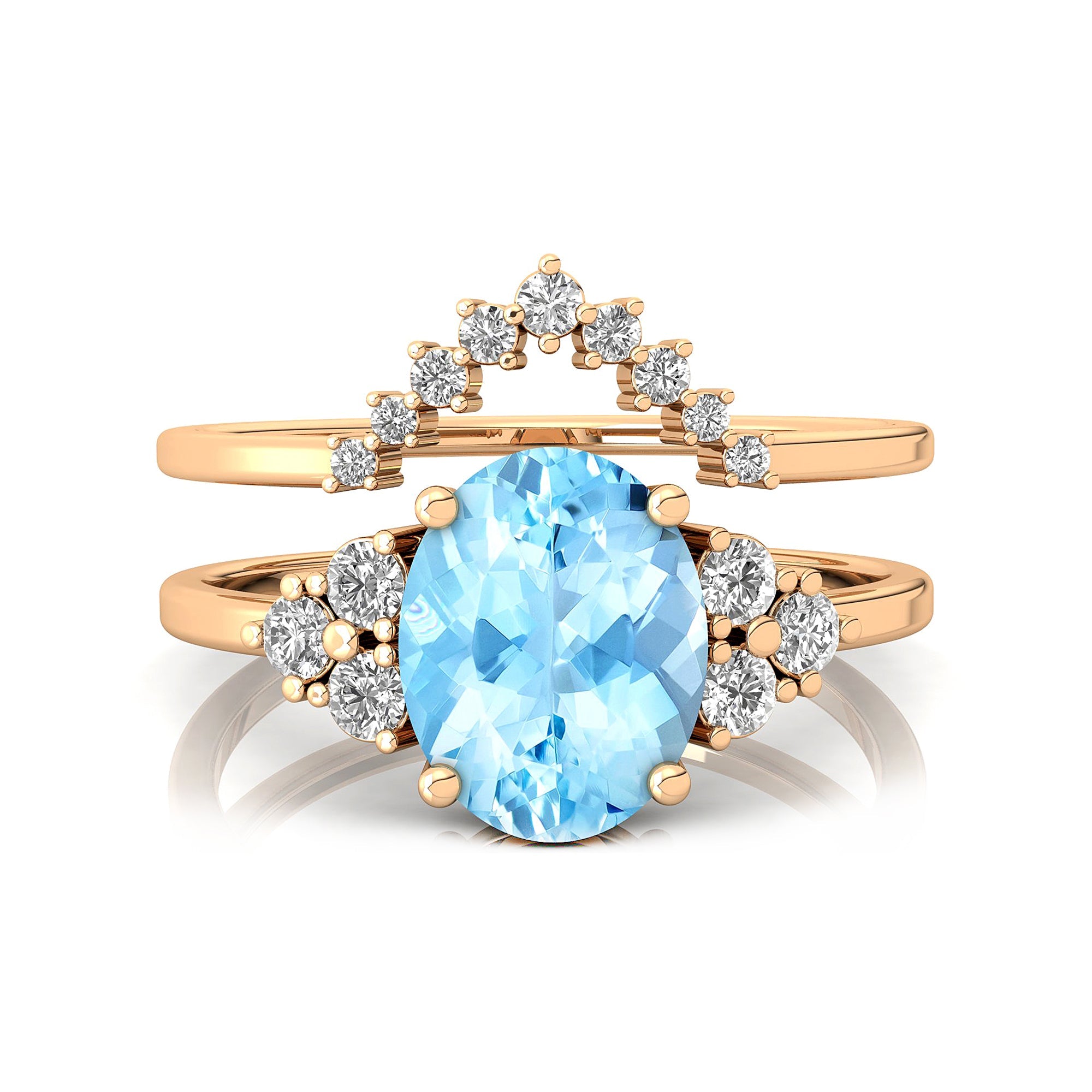 Aquamarine Solitaire Ring With Stackable Diamond Band - GeumJewels