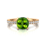 Peridot Square Cushion Under Halo Diamonds Thin Ring with Diamond Band - GeumJewels