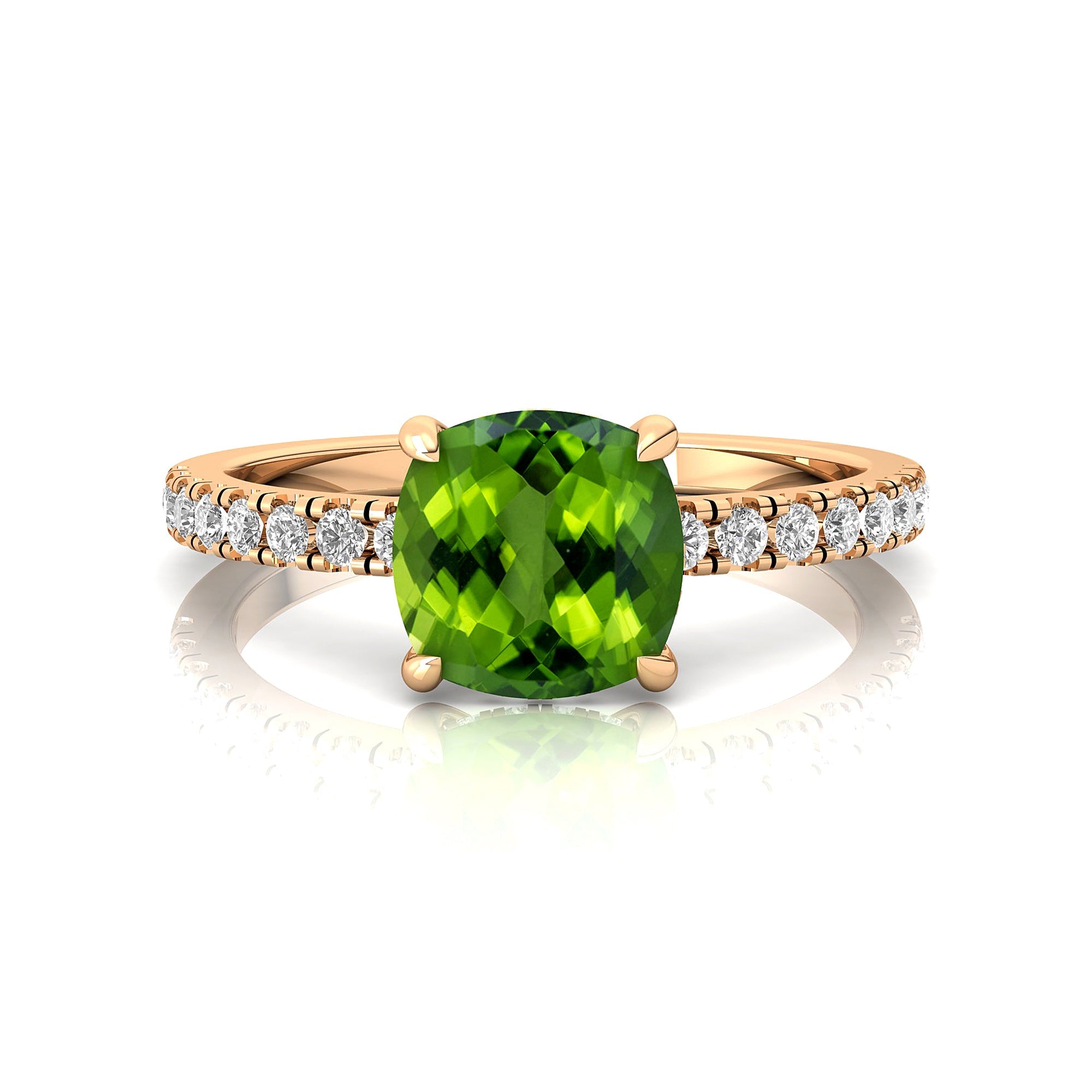 Peridot Square Cushion Under Halo Diamonds Thin Ring with Diamond Band - GeumJewels