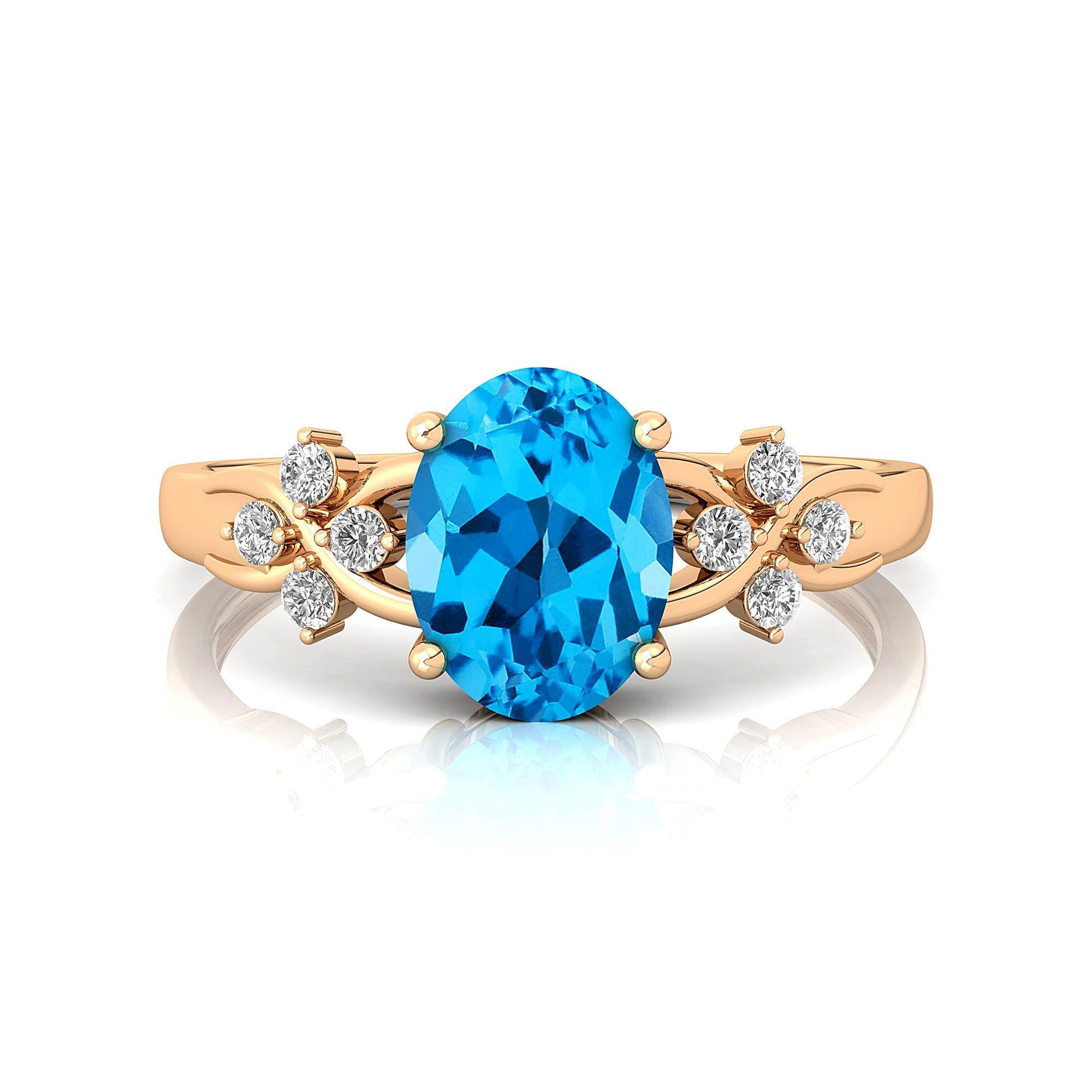 Criss Cross Diamond Ring with Oval Cut Swiss Blue Topaz - GeumJewels