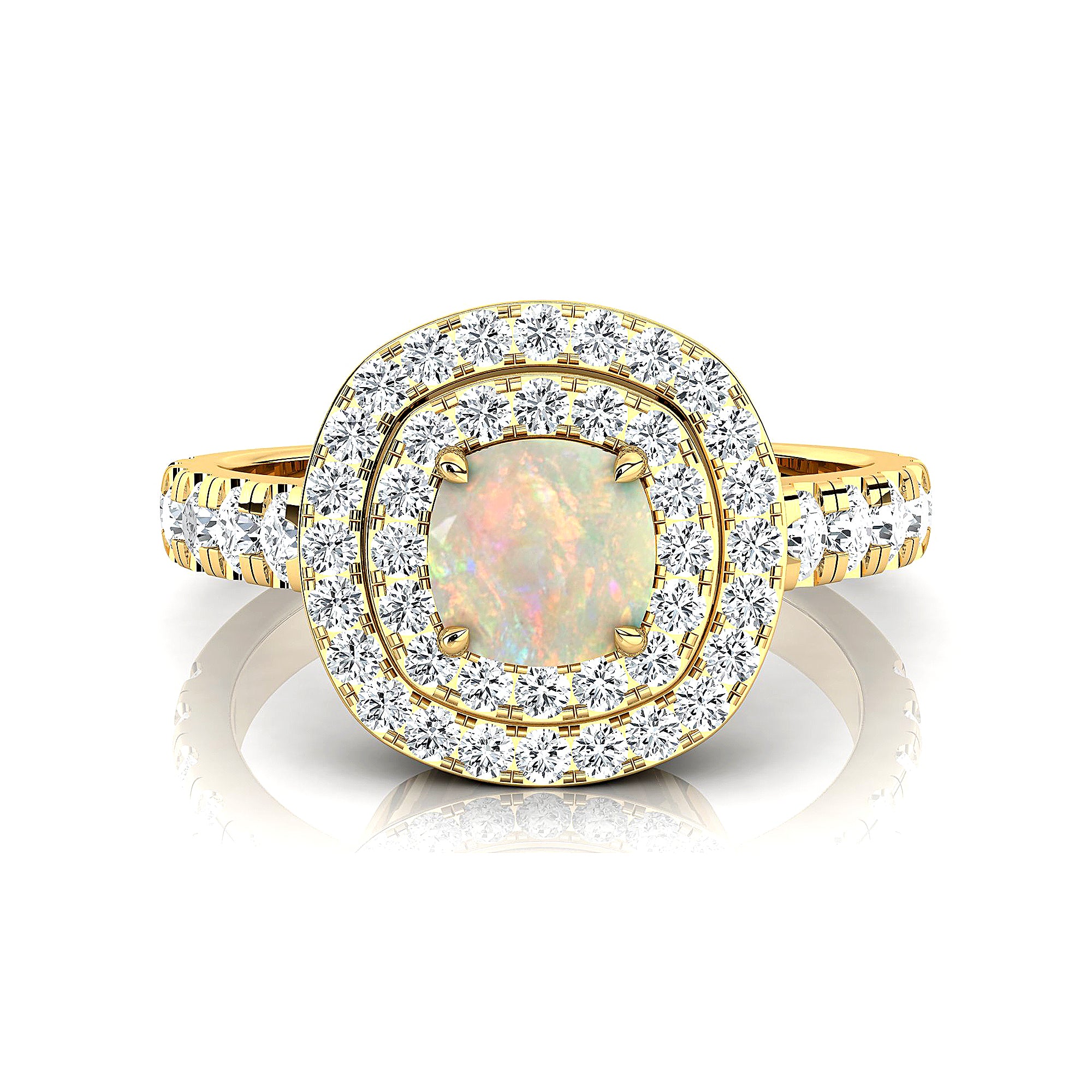 Double Halo Diamond Cushion Cut Opal Ring - GeumJewels