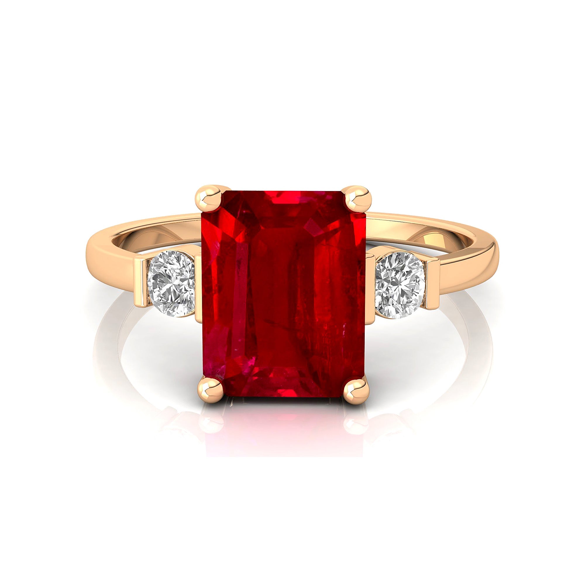 Emerald Cut Ruby and Diamond Three Stone Ring - GeumJewels