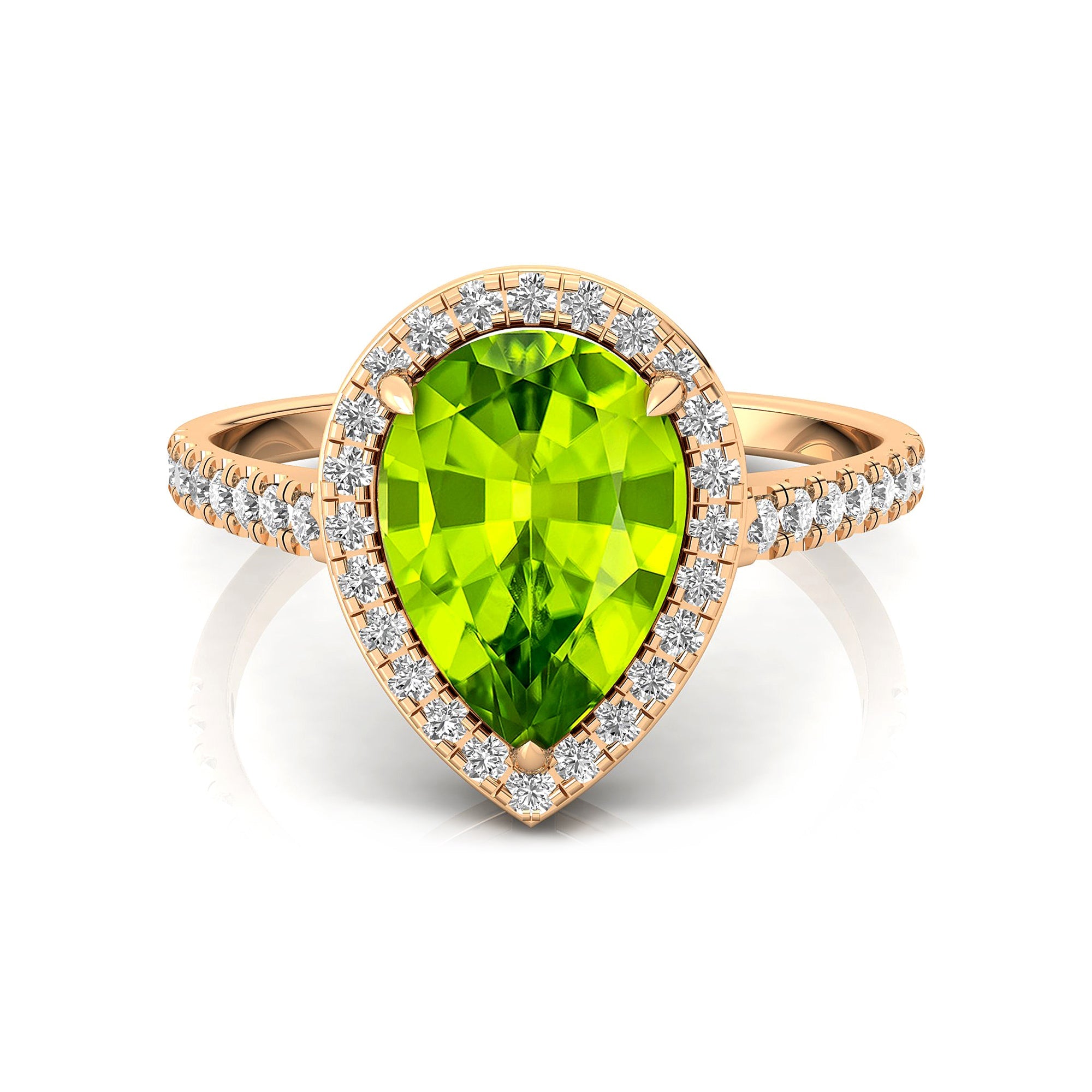 Classic Pear Shaped Peridot Halo Diamond Engagement Ring - GeumJewels
