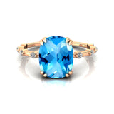 Cushion Cut Swiss Blue Topaz Engagement Ring with Distant Diamond Band - GeumJewels