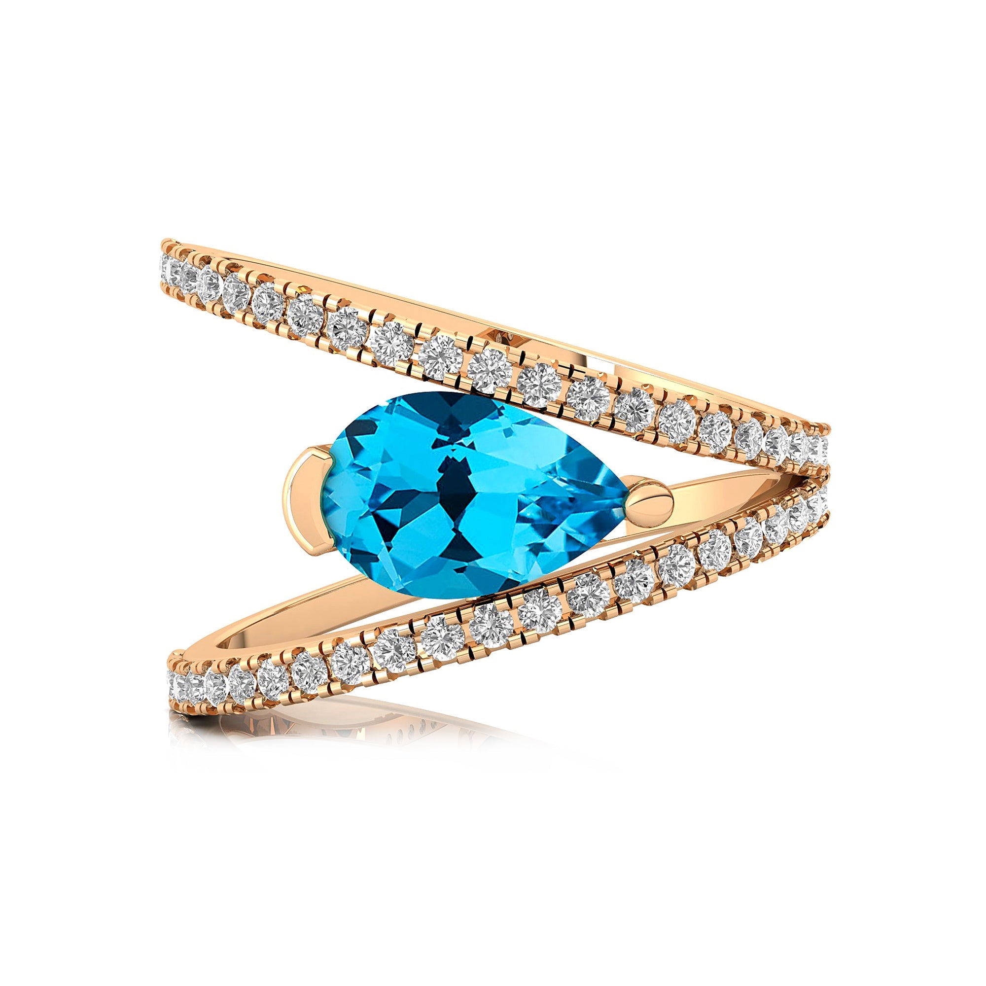 Fashionable V Shaped Diamond Ring with Pear Cut Swiss Blue Topaz - GeumJewels