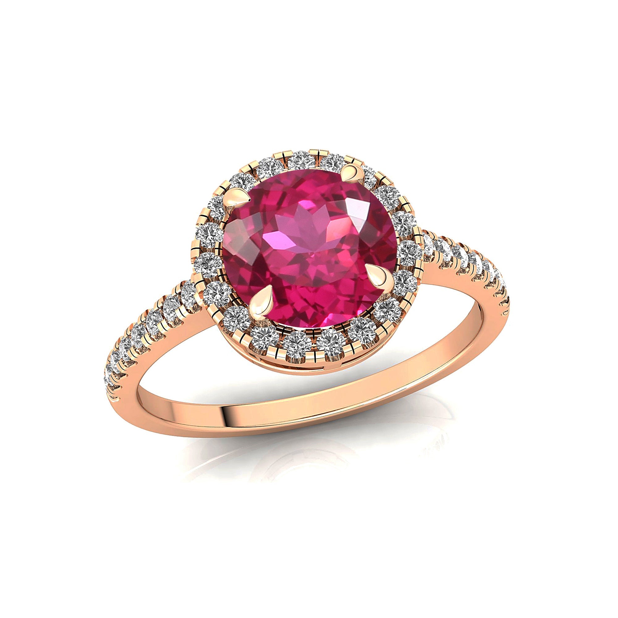 Classic Round Halo Diamonds with Solitaire Pink Sapphire Engagement Ring - GeumJewels