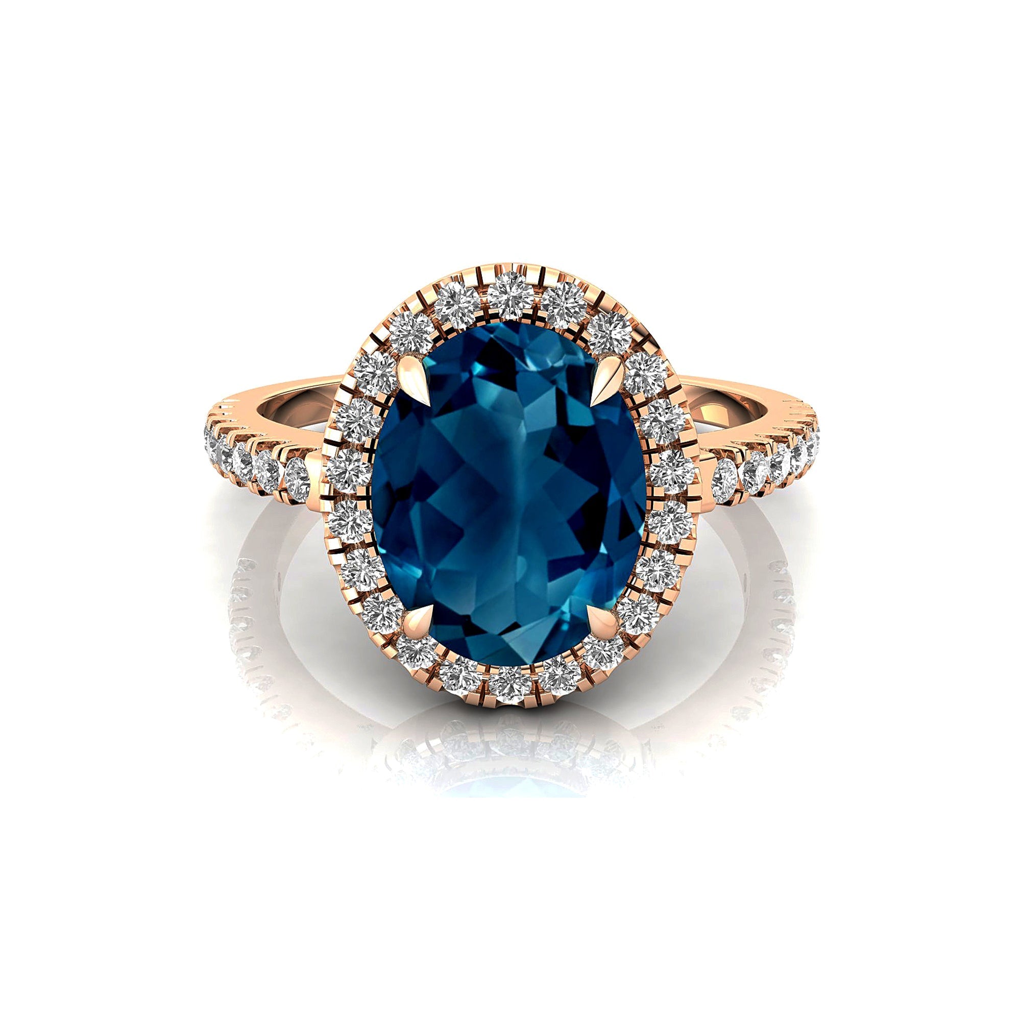 Oval Solitaire London Blue Topaz Halo Diamond Engagement Ring - GeumJewels