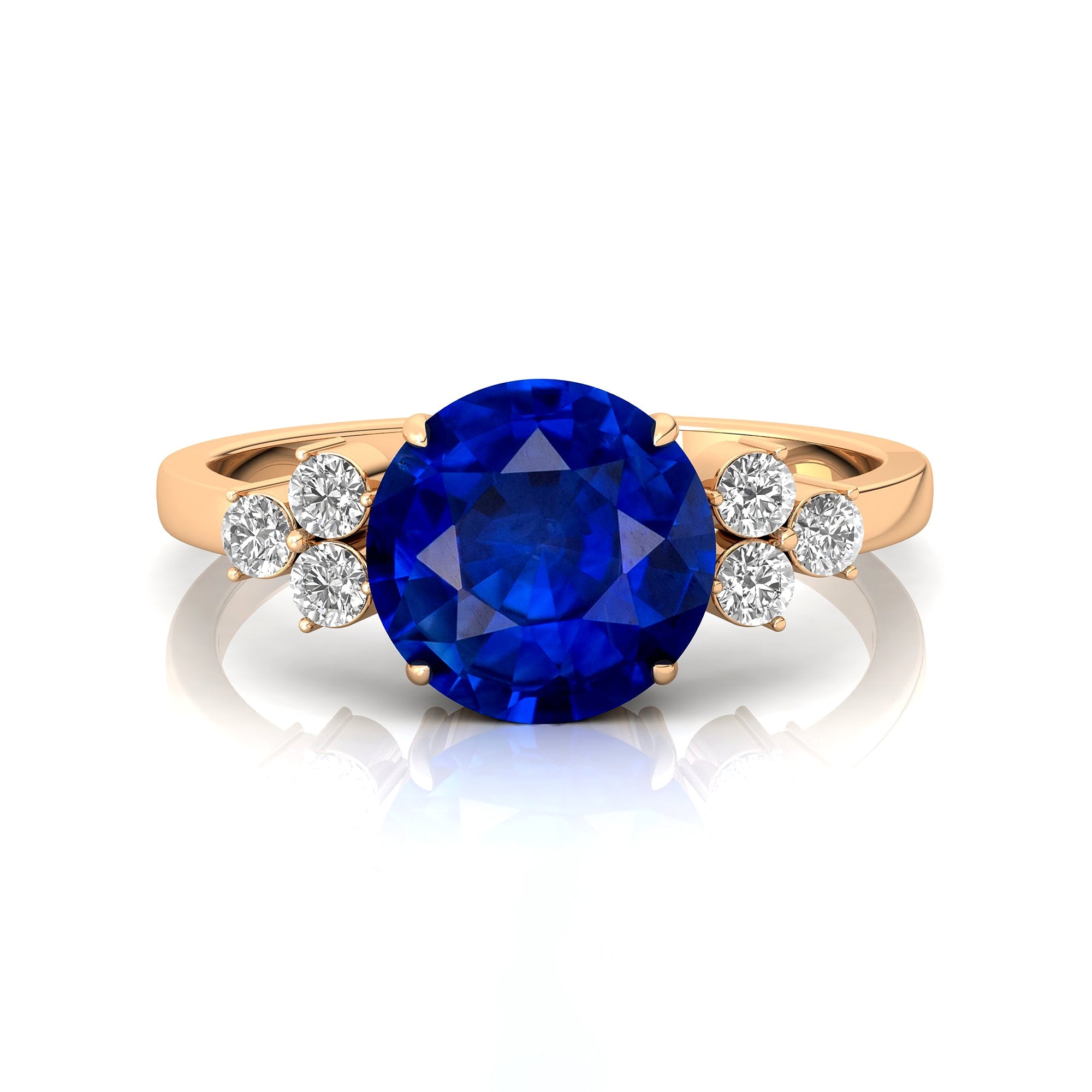 Trio Diamond Engagement Ring with Round Solitaire Blue Sapphire - GeumJewels