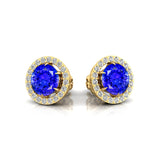 Round Solitaire Tanzanite Halo Diamond Stud Earrings - GeumJewels