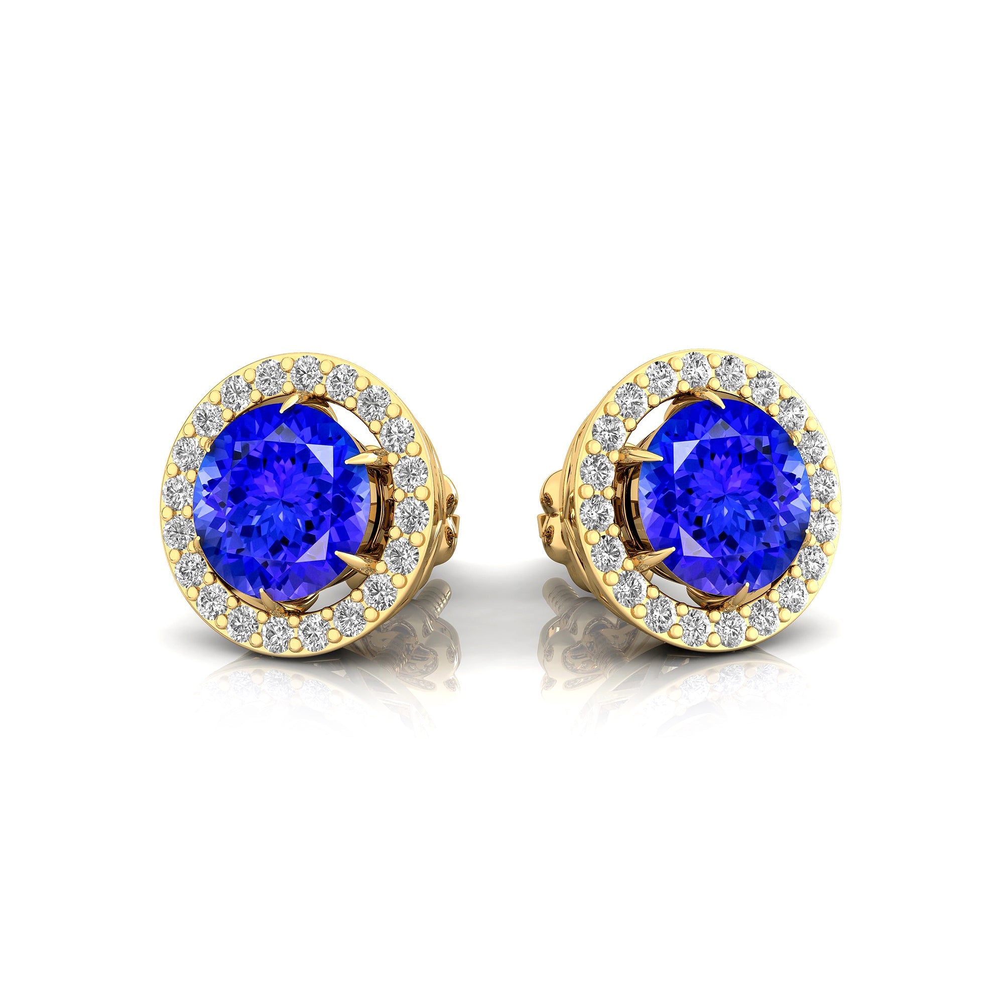 Round Solitaire Tanzanite Halo Diamond Stud Earrings - GeumJewels