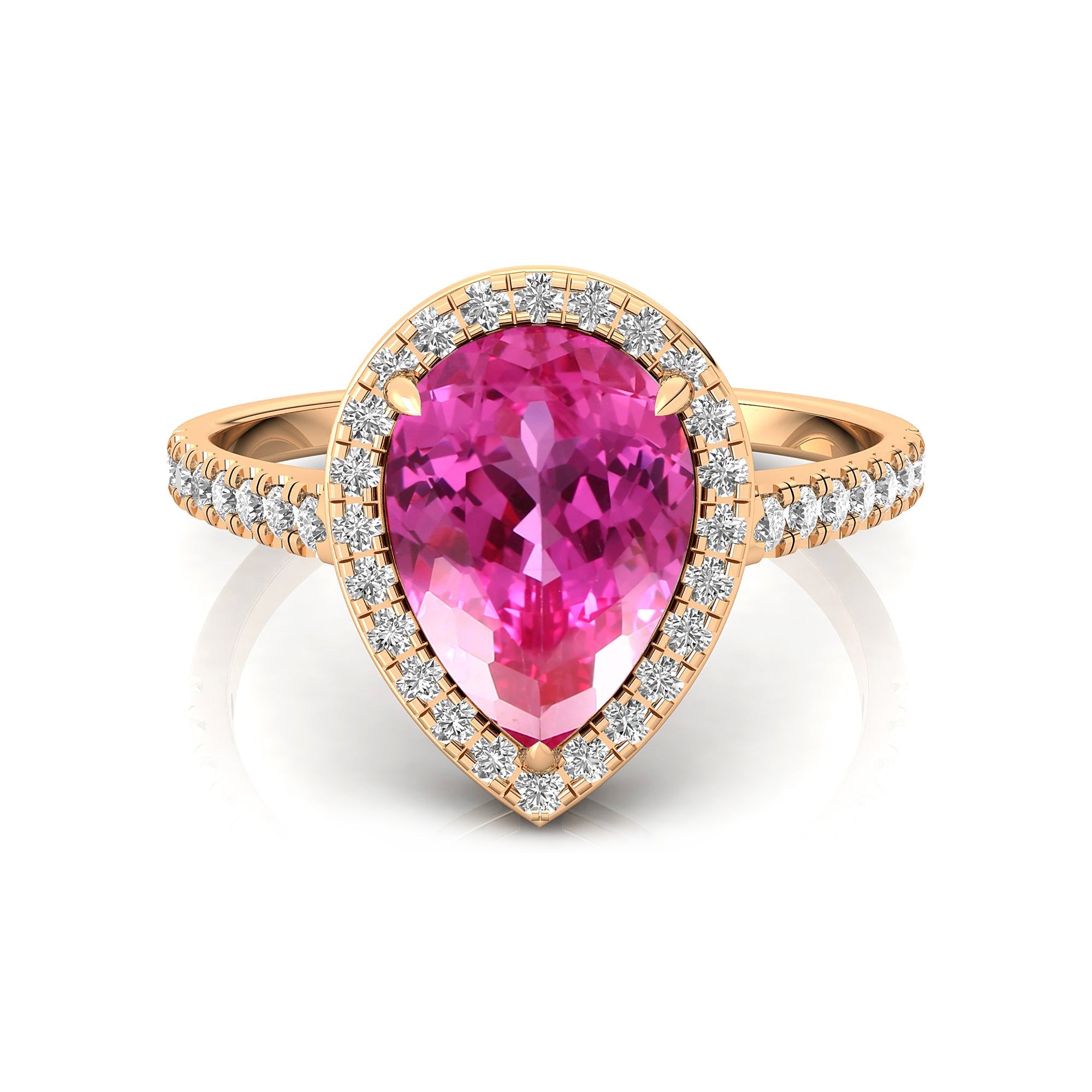 Classic Pear Shaped Pink Sapphire Halo Diamond Engagement Ring - GeumJewels