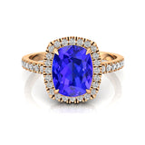 Elongated Cushion Halo Set Tanzanite Engagement Ring with Diamond Band - GeumJewels