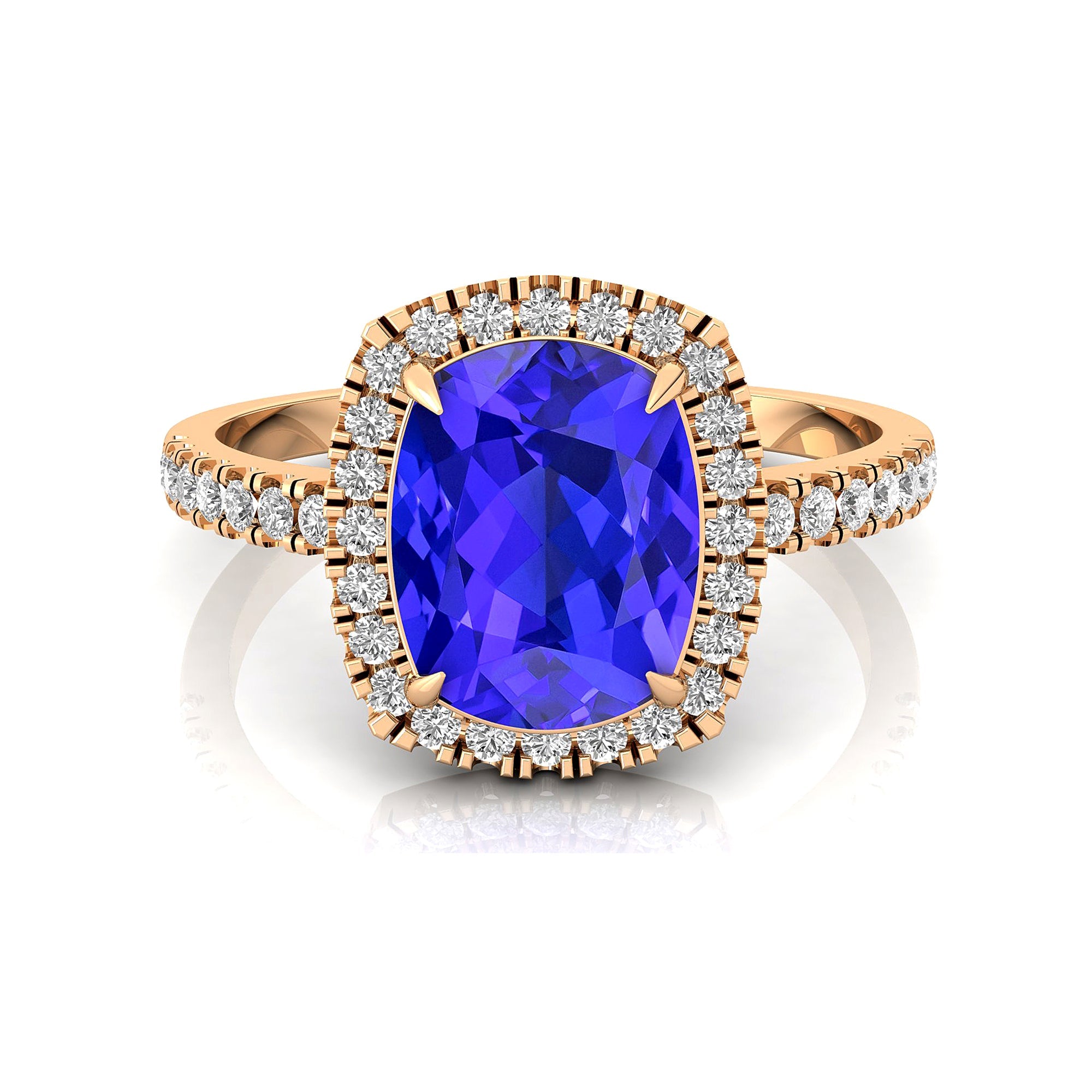 Elongated Cushion Halo Set Tanzanite Engagement Ring with Diamond Band - GeumJewels